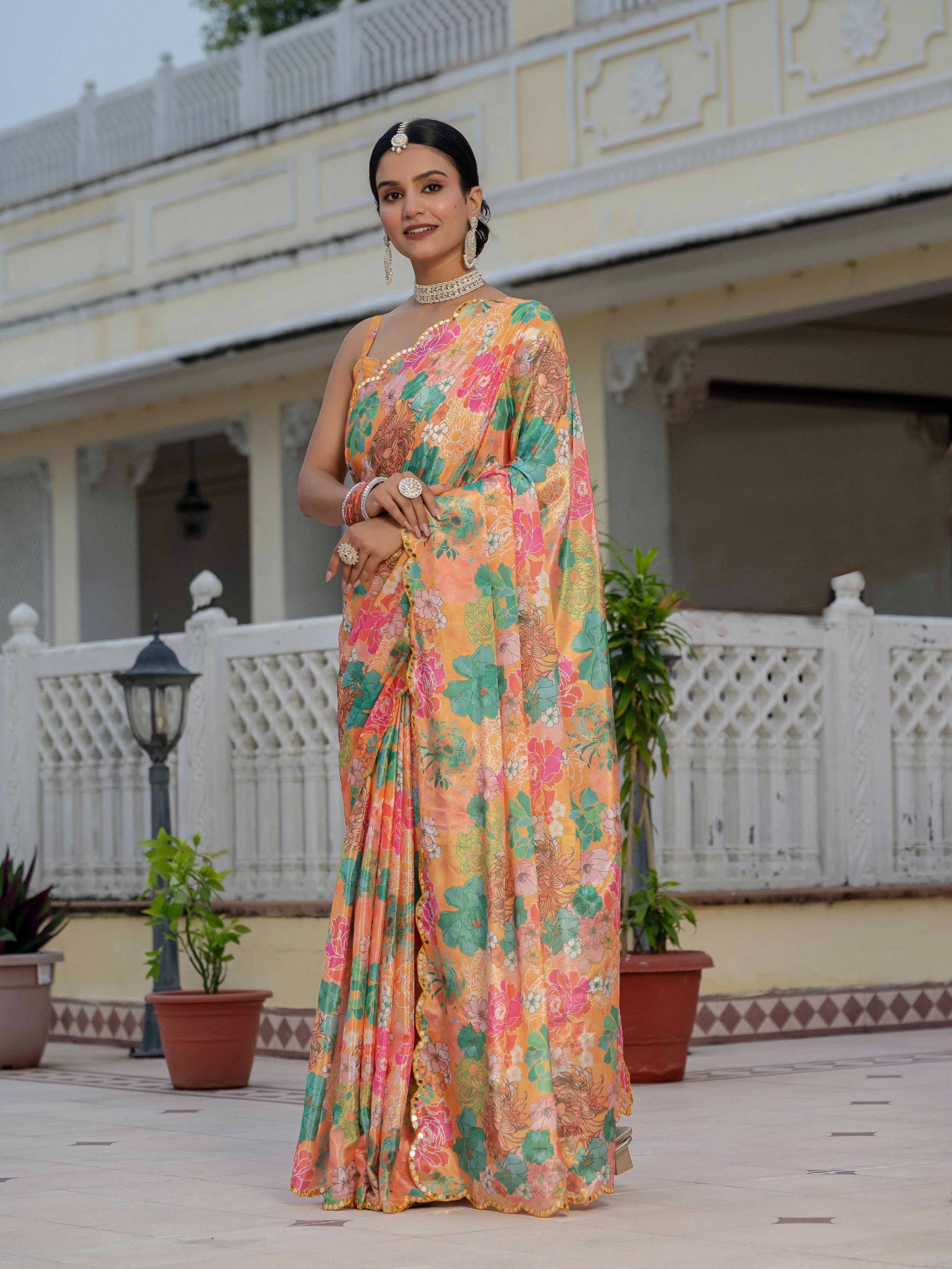 Multicolor Chinon Digital Print Saree with Mirror Work