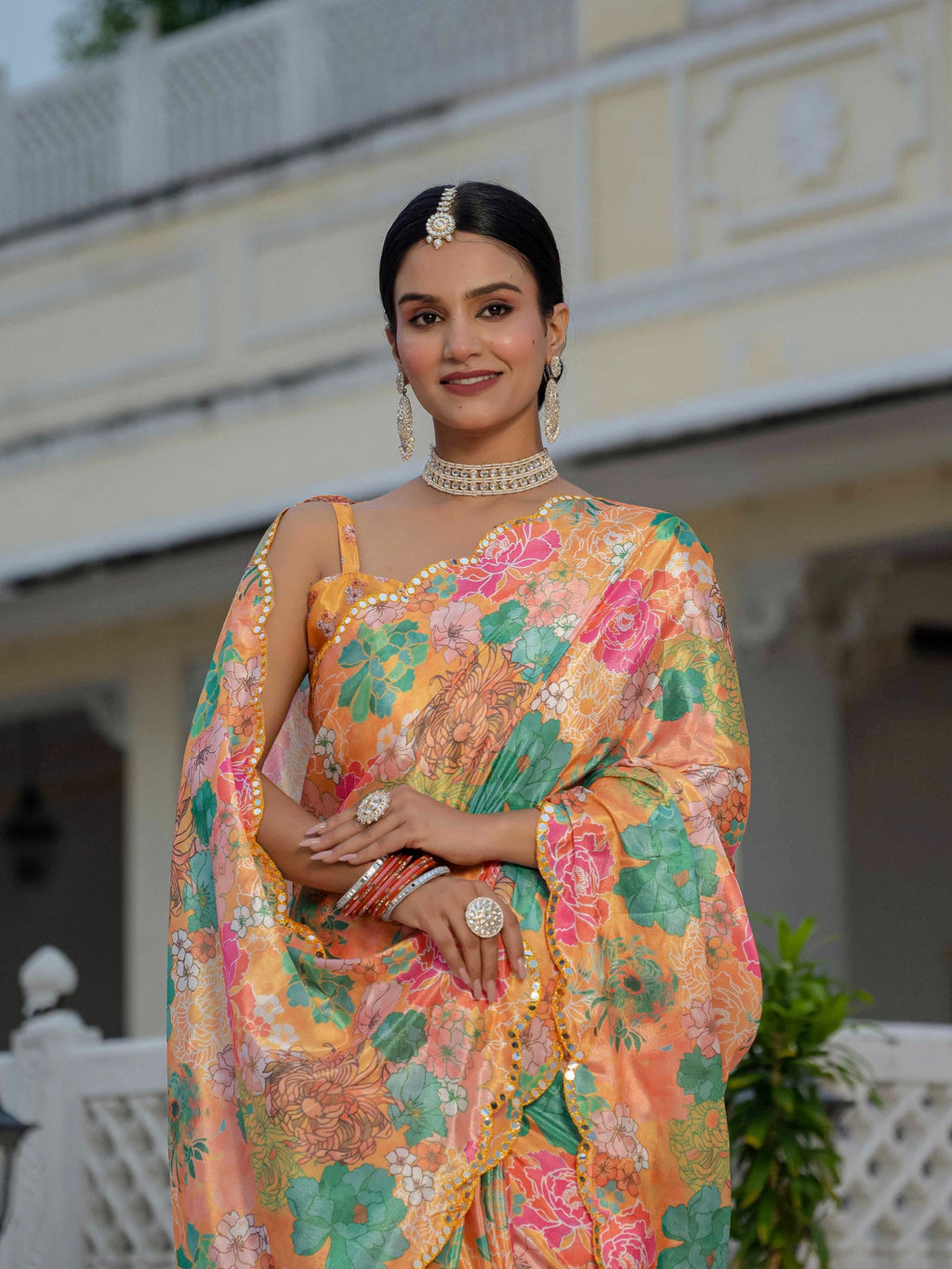 Multicolor Chinon Digital Print Saree with Mirror Work