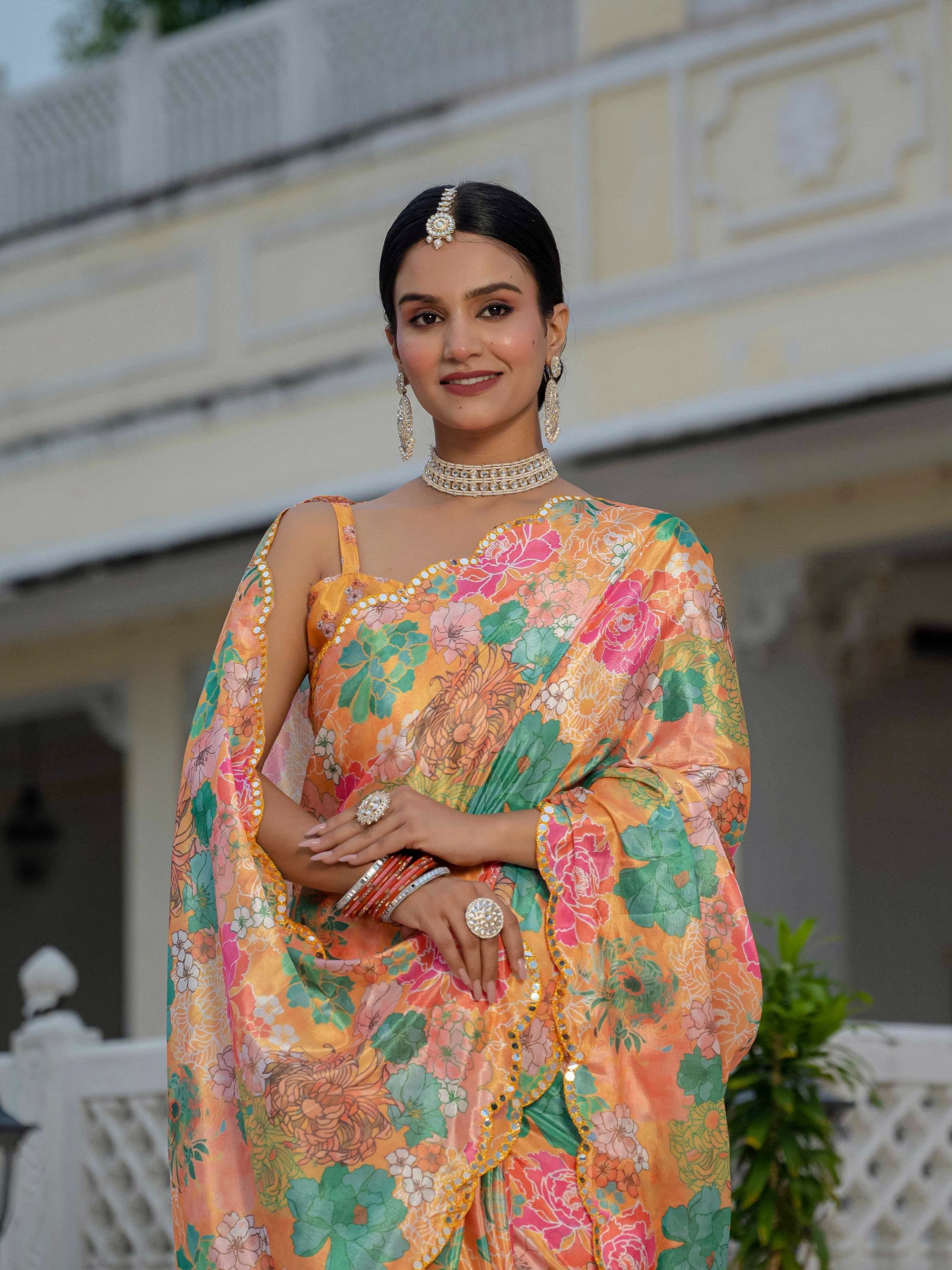 Multicolor Chinon Digital Print Saree with Mirror Work