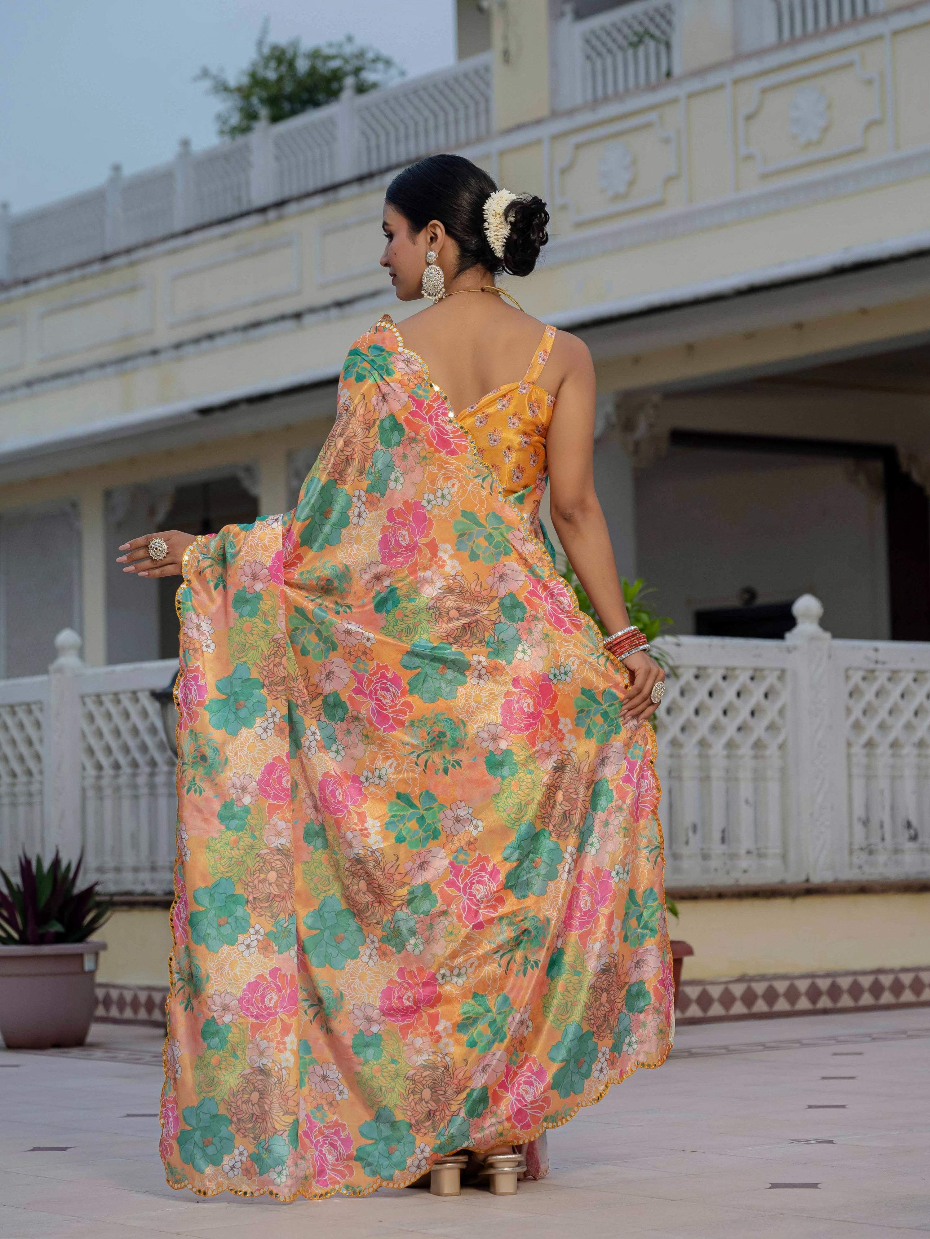Multicolor Chinon Digital Print Saree with Mirror Work