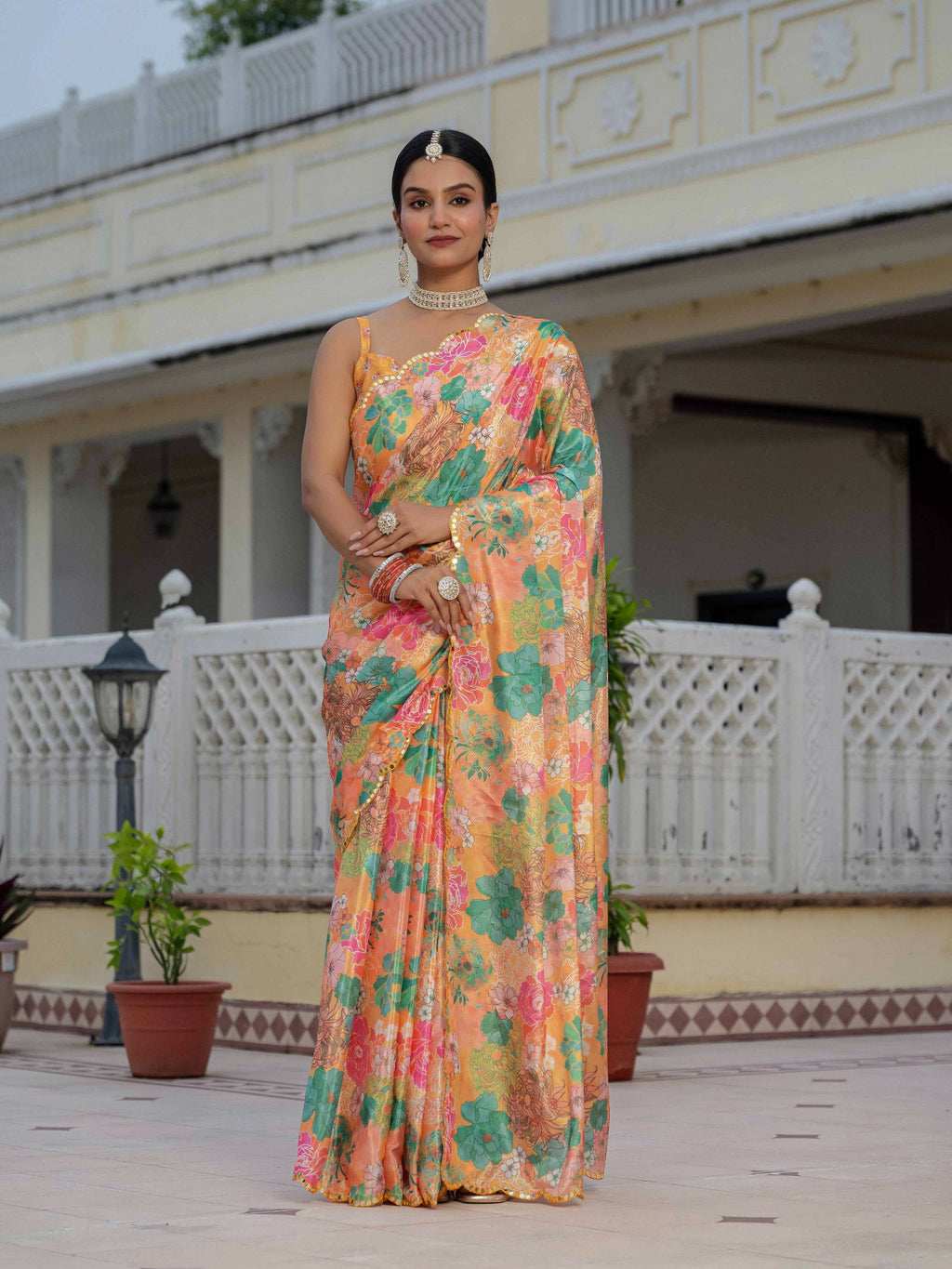 Multicolor Chinon digital print saree with detailed mirror work