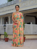 Multicolor Chinon digital print saree with detailed mirror work