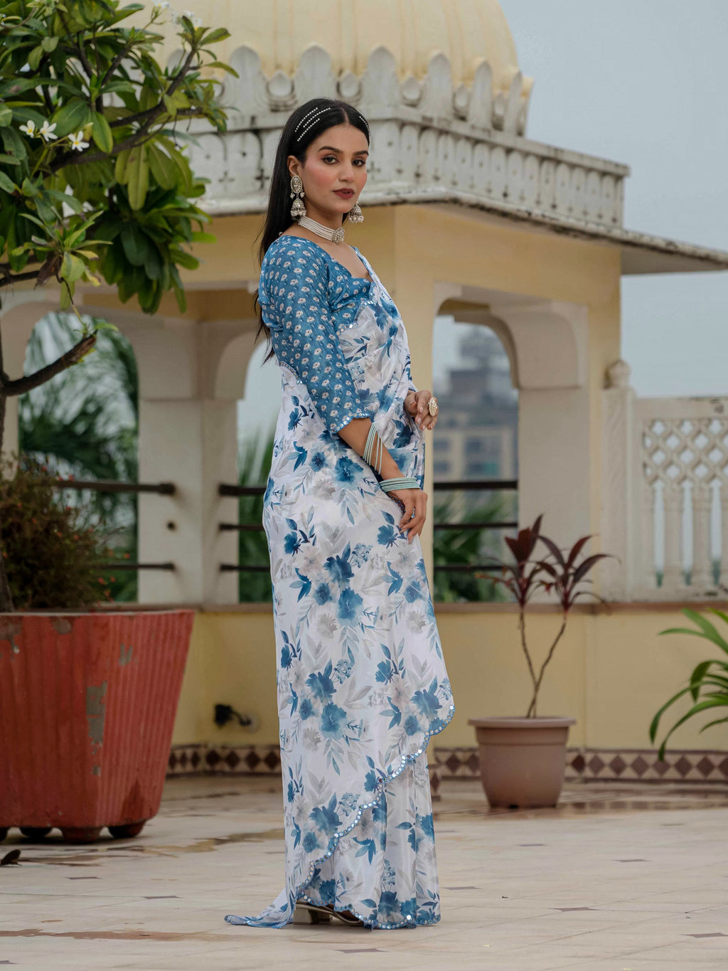 Blue Chinon Digital Print Saree with Mirror Work and Blouse