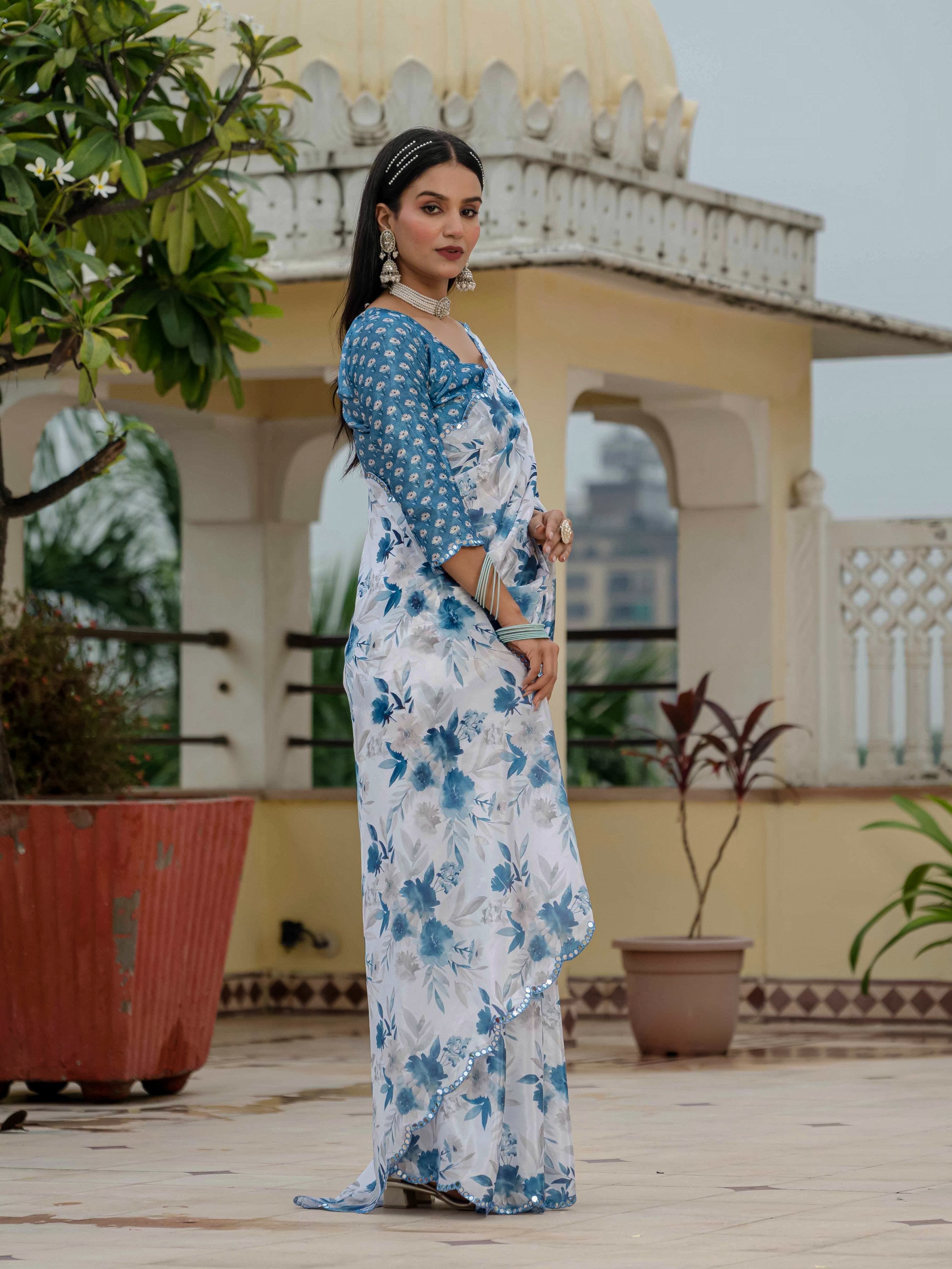 Blue Chinon Digital Print Saree with Mirror Work and Blouse