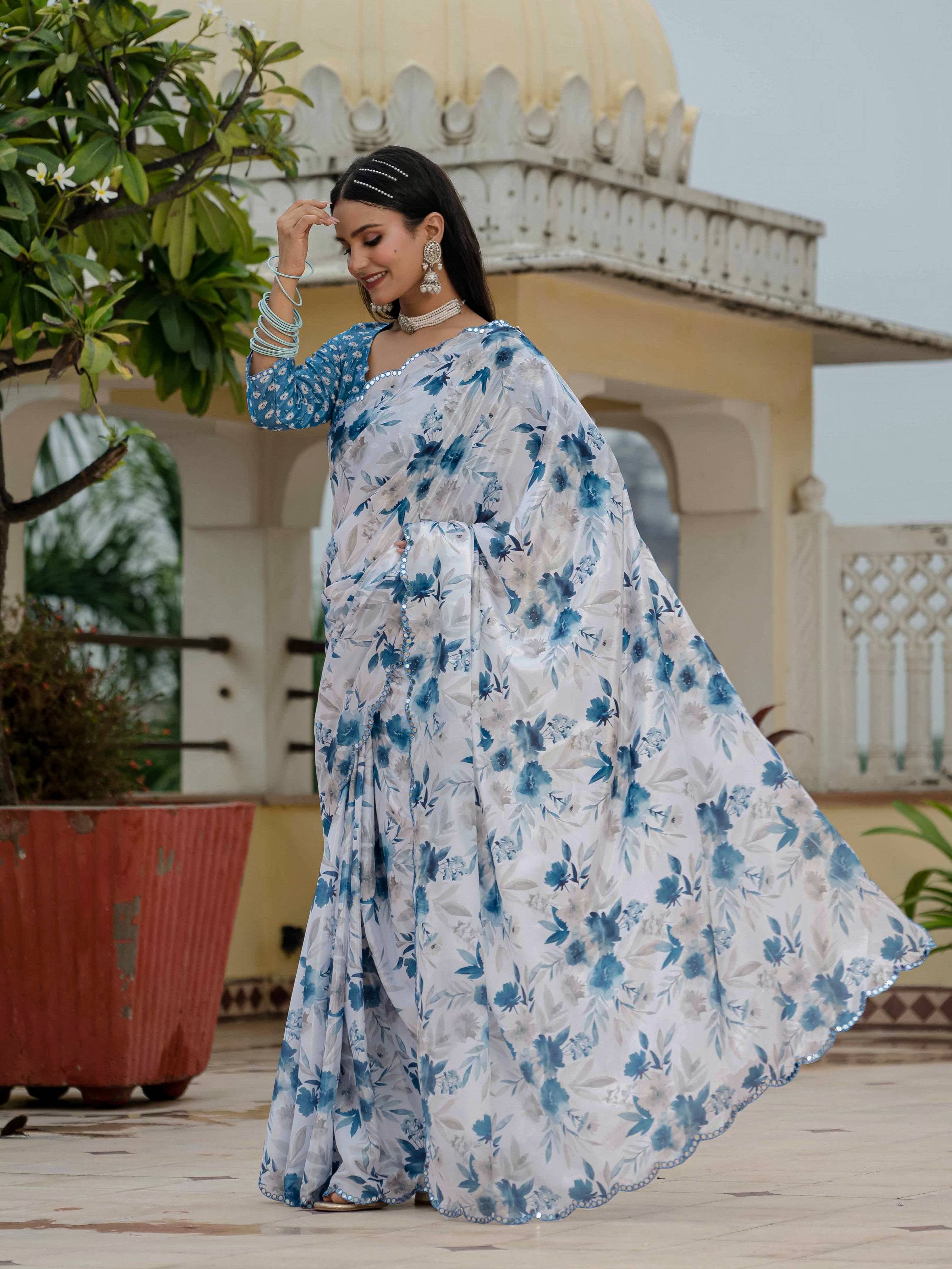 Blue Chinon Digital Print Saree with Mirror Work and Blouse
