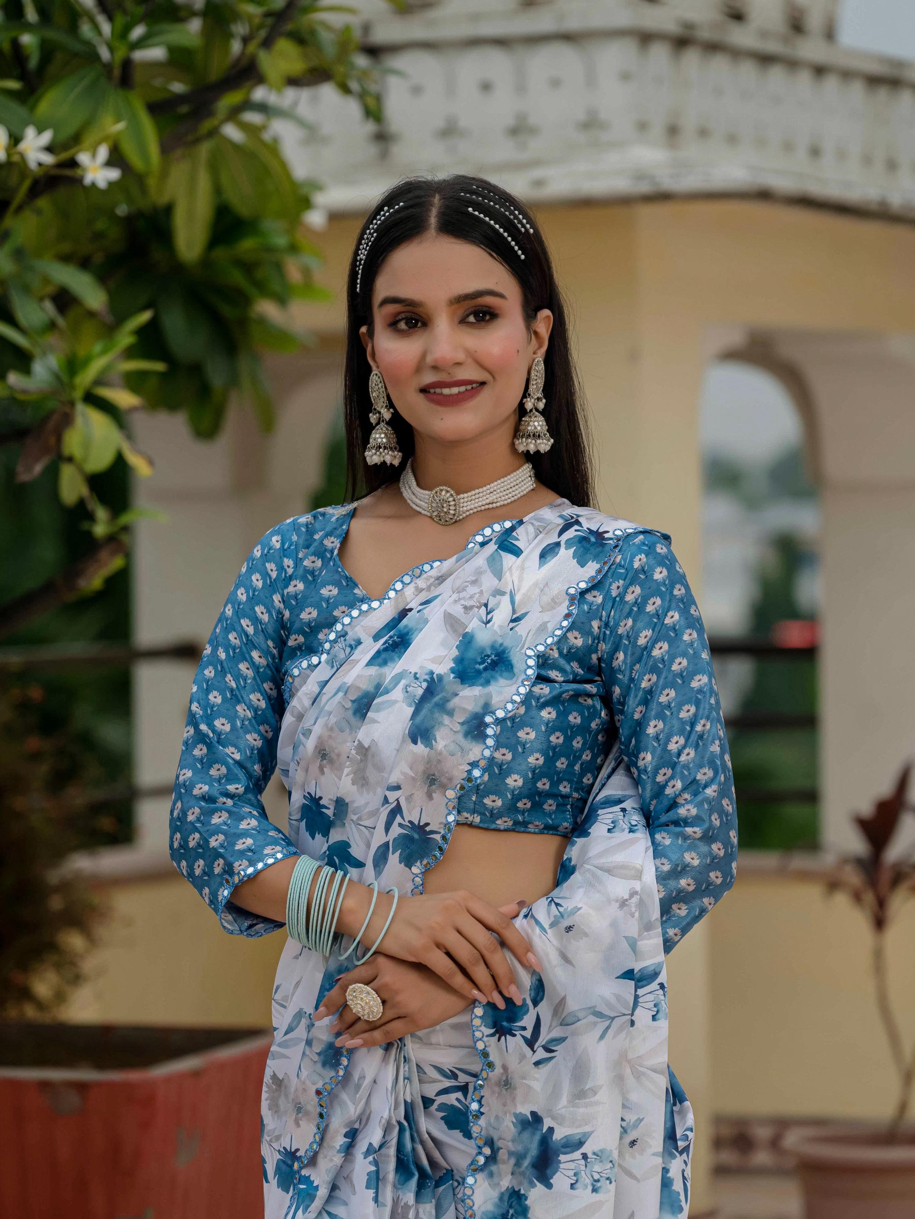 Blue Chinon Digital Print Saree with Mirror Work and Blouse
