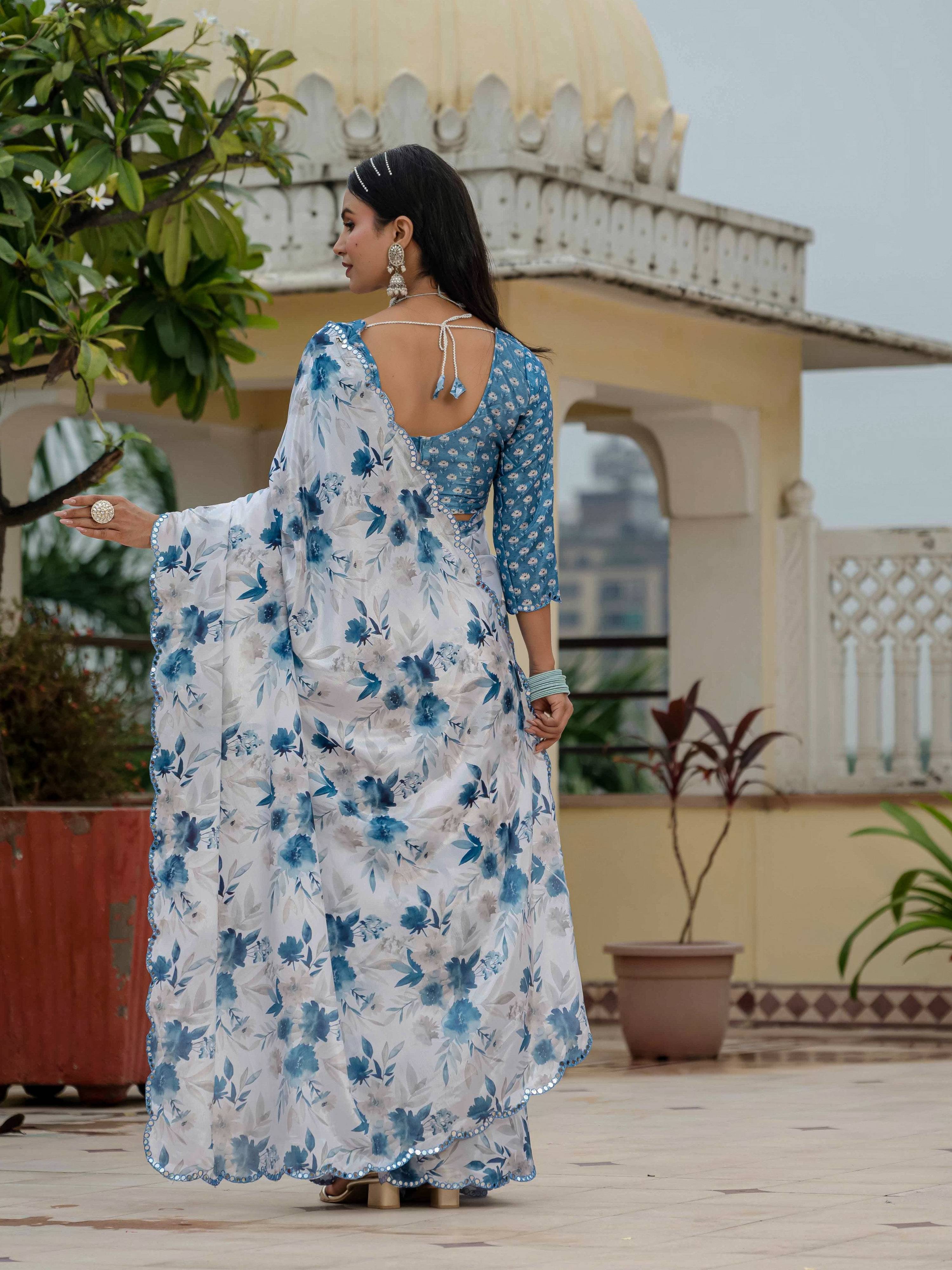 Blue Chinon Digital Print Saree with Mirror Work and Blouse