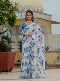 Elegant blue Chinon saree with digital print and mirror work, paired with a matching blouse.