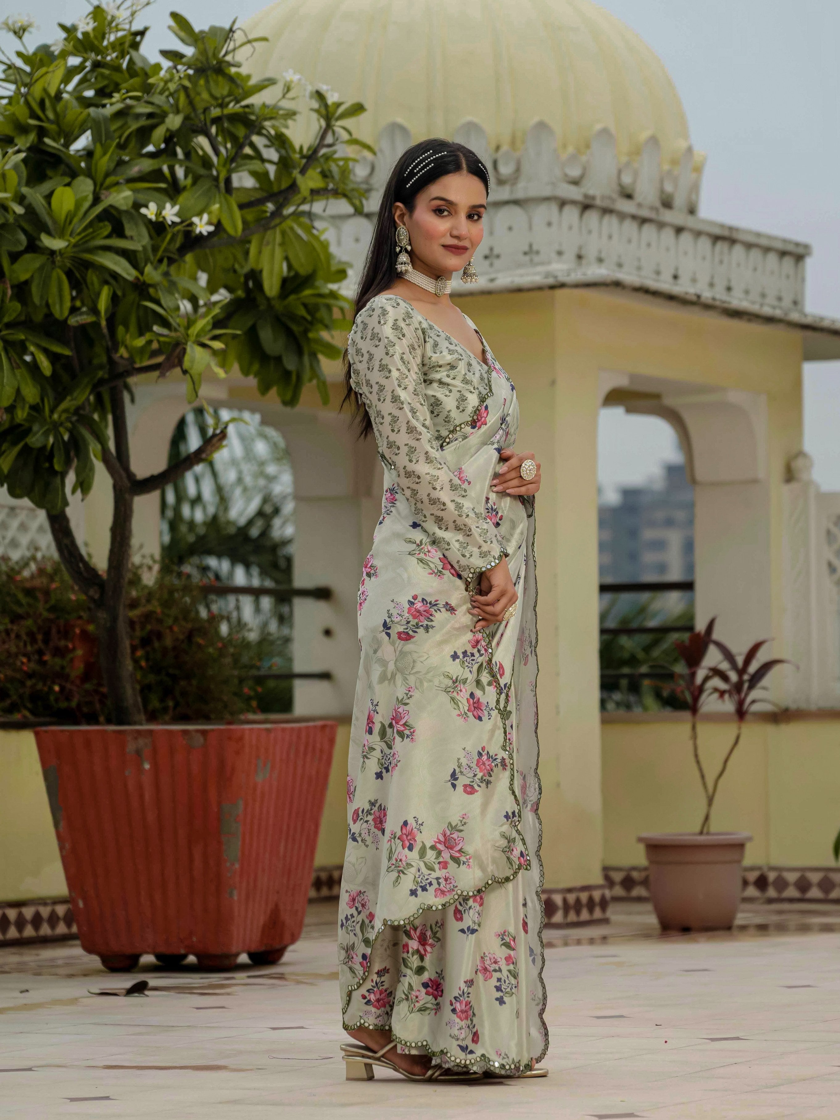 Pista Green Chinon Digital Print Saree with Mirror Work and Blouse