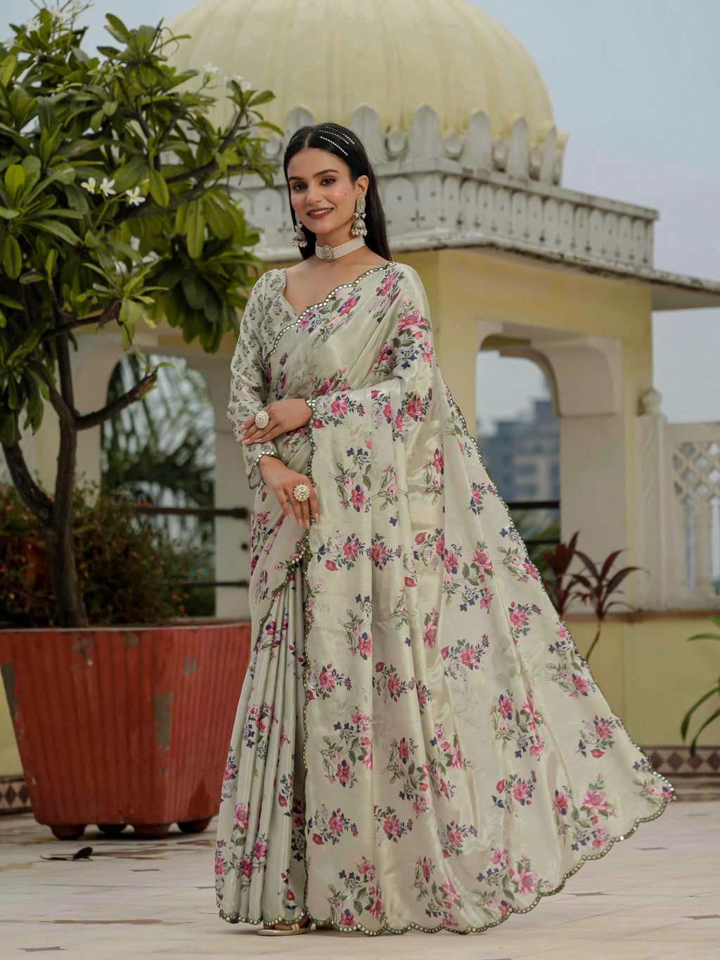 Pista Green Chinon Digital Print Saree with Mirror Work and Blouse