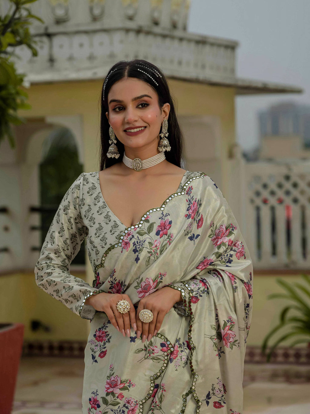 Pista Green Chinon Digital Print Saree with Mirror Work and Blouse