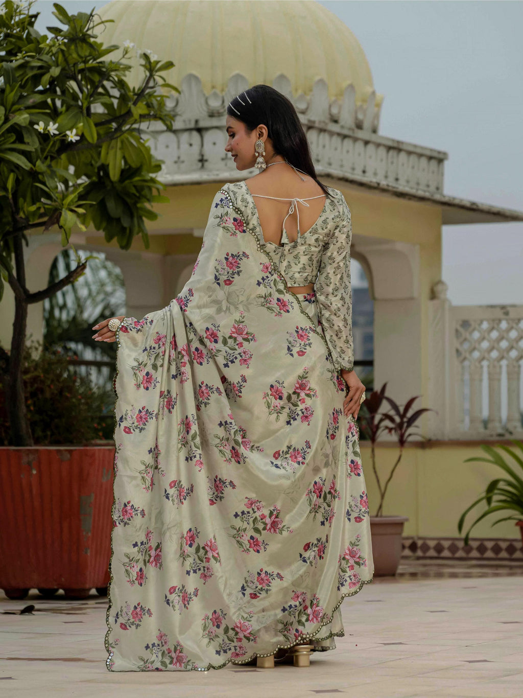 Pista Green Chinon Digital Print Saree with Mirror Work and Blouse