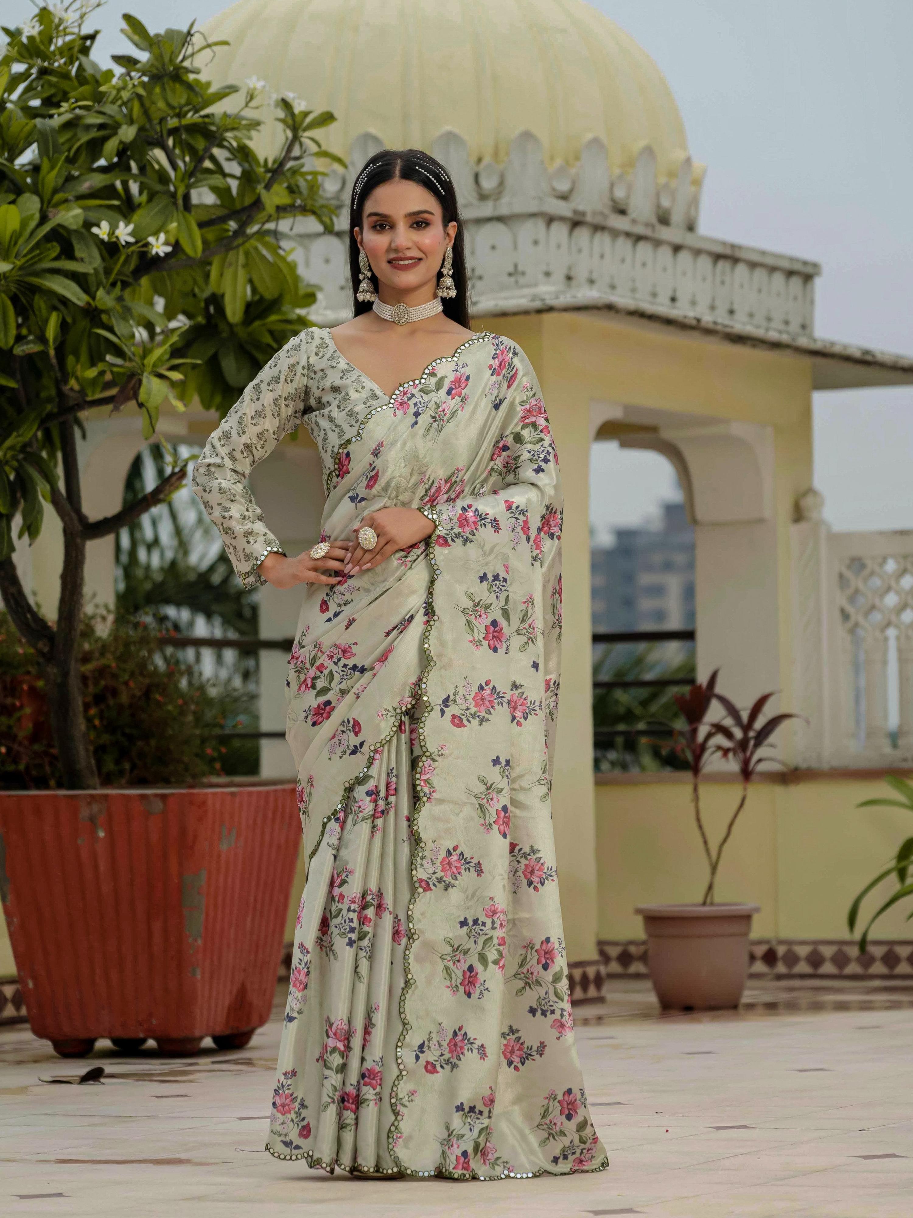 Pista Green Chinon saree featuring digital print and mirror work detail with matching unstitched blouse