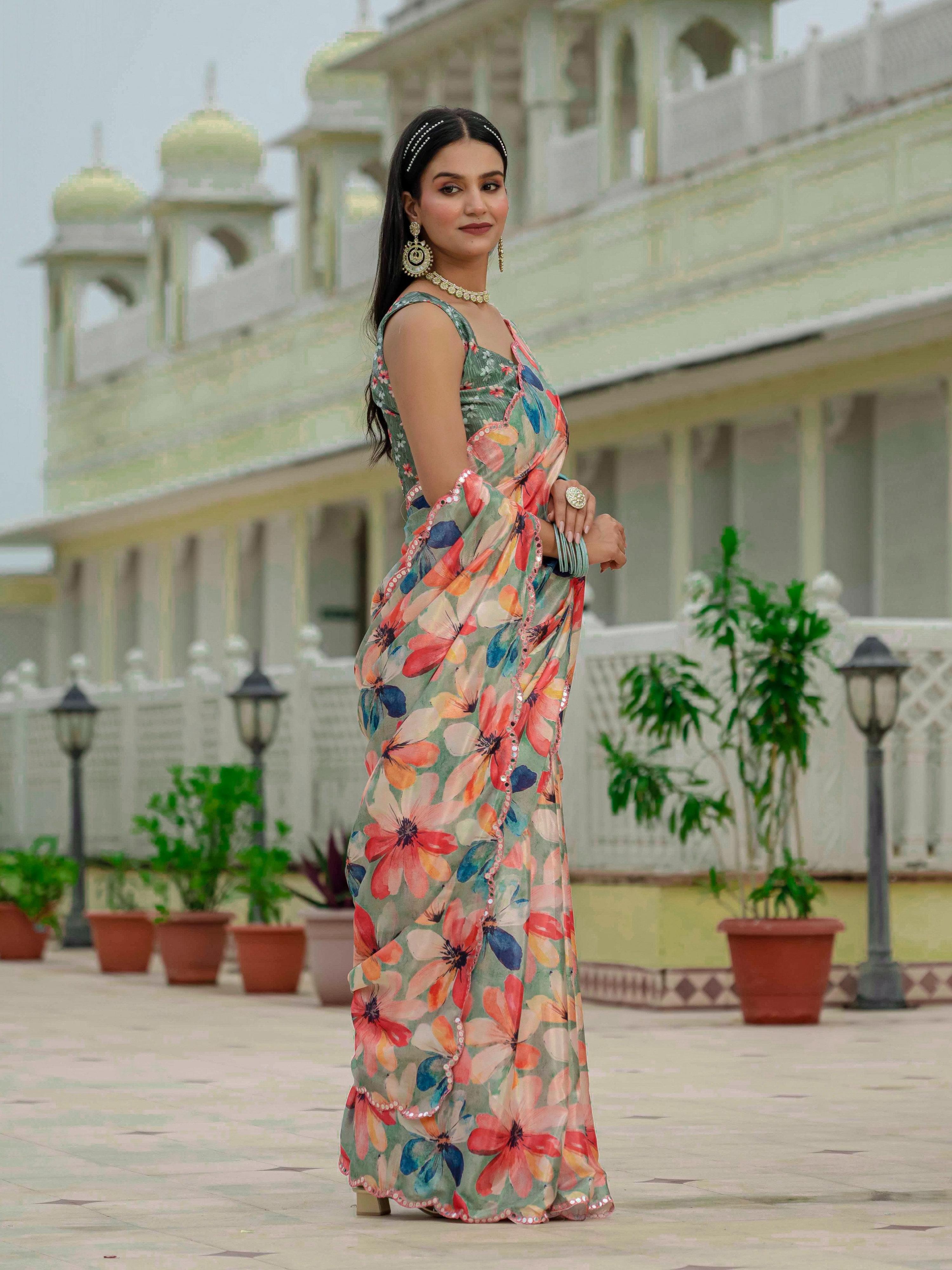 Multicolor Chinon Digital Print Saree with Mirror Work & Blouse