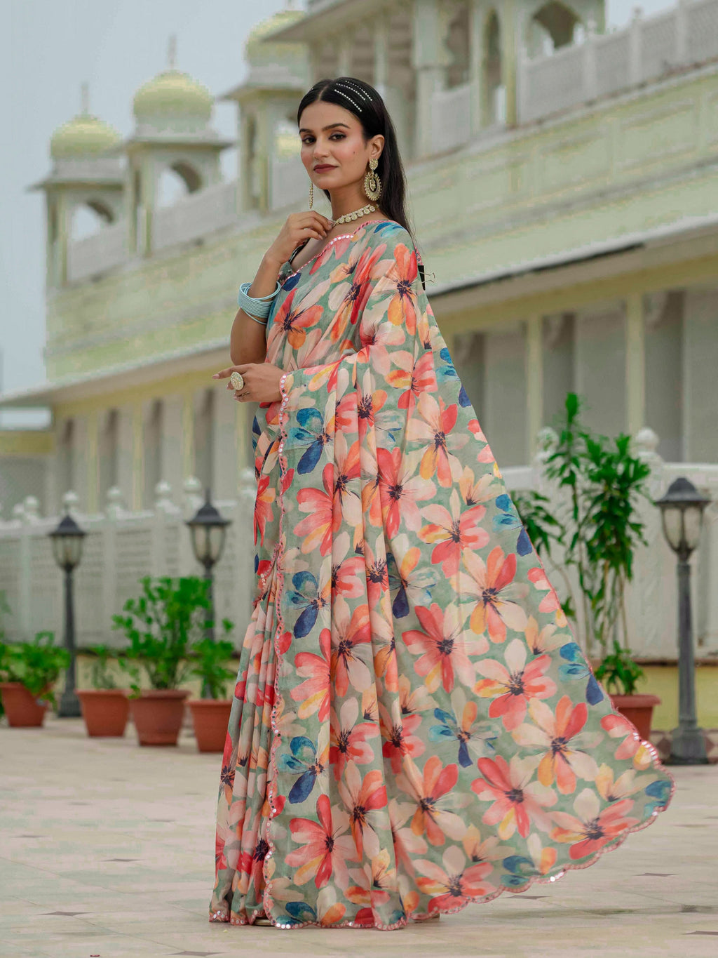 Multicolor Chinon digital print saree with mirror work details and matching blouse