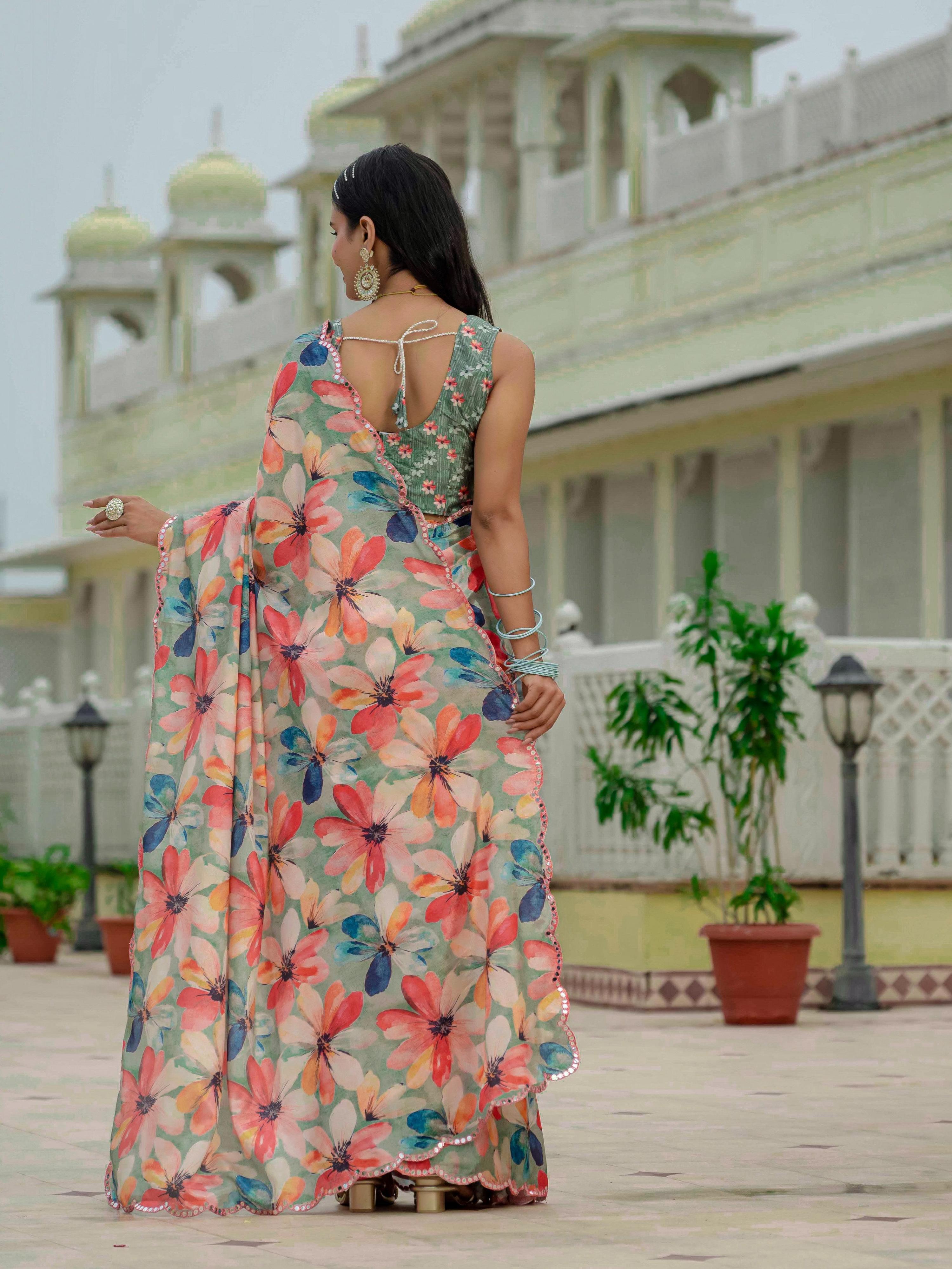 Multicolor Chinon Digital Print Saree with Mirror Work & Blouse