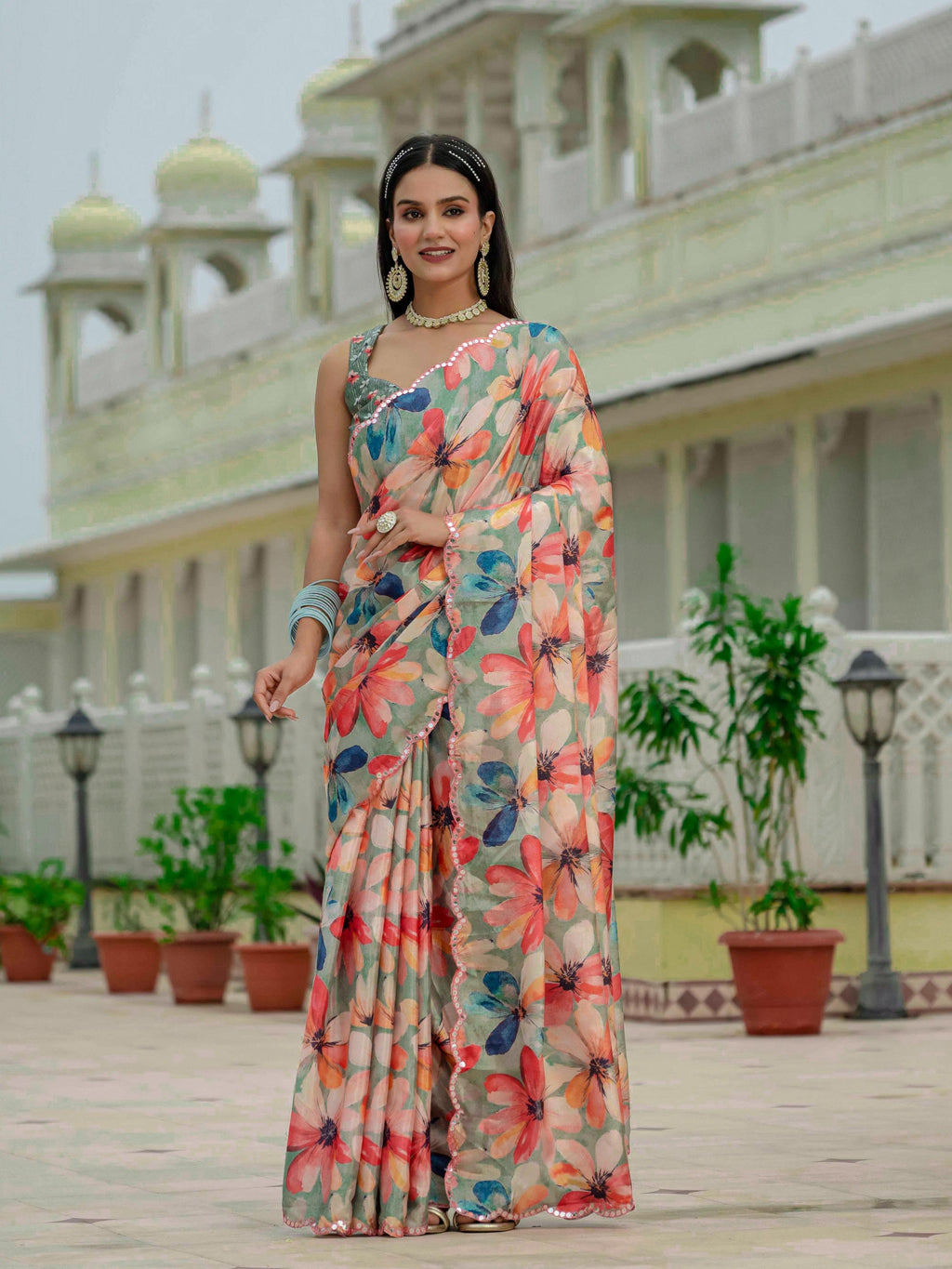 Multicolor Chinon Digital Print Saree with Mirror Work & Blouse