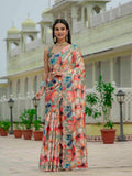 Multicolor Chinon Digital Print Saree with Mirror Work & Blouse