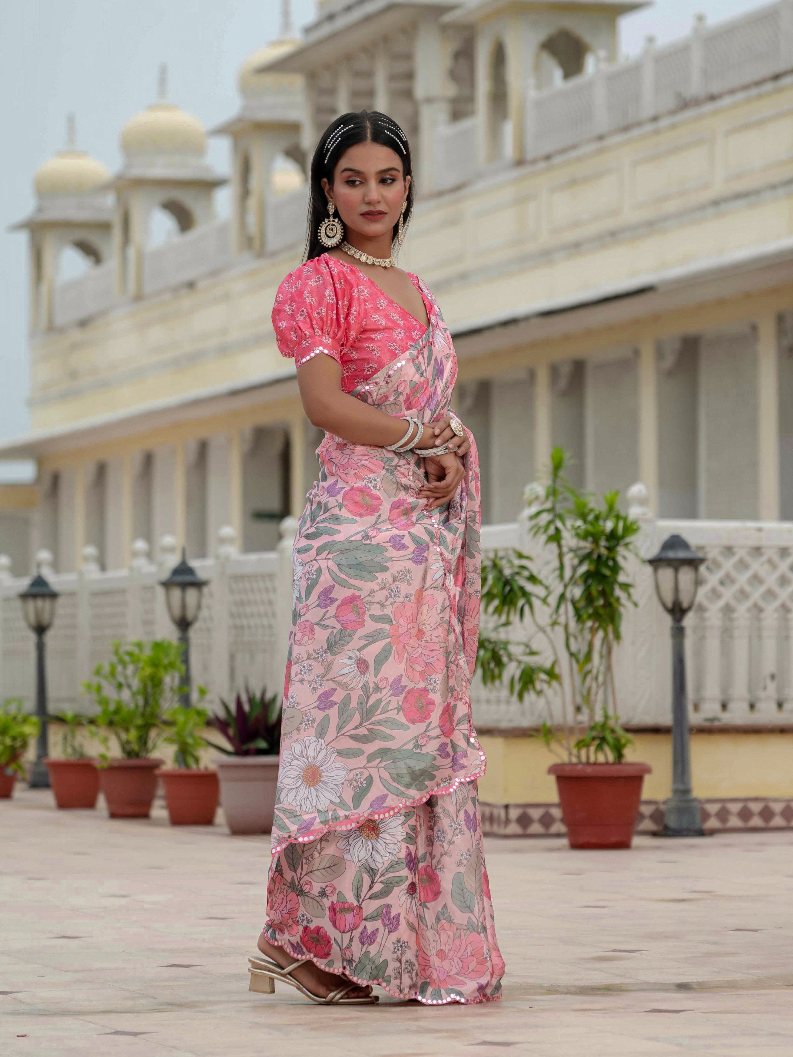 Multicolor Chinon Digital Print Saree with Mirror Work Blouse