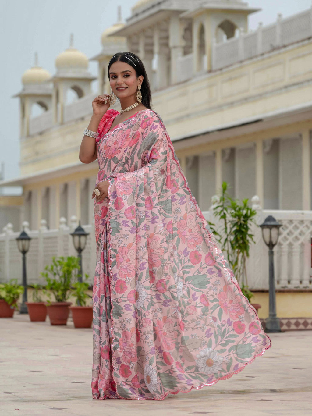 Multicolor Chinon Digital Print Saree with Mirror Work Blouse