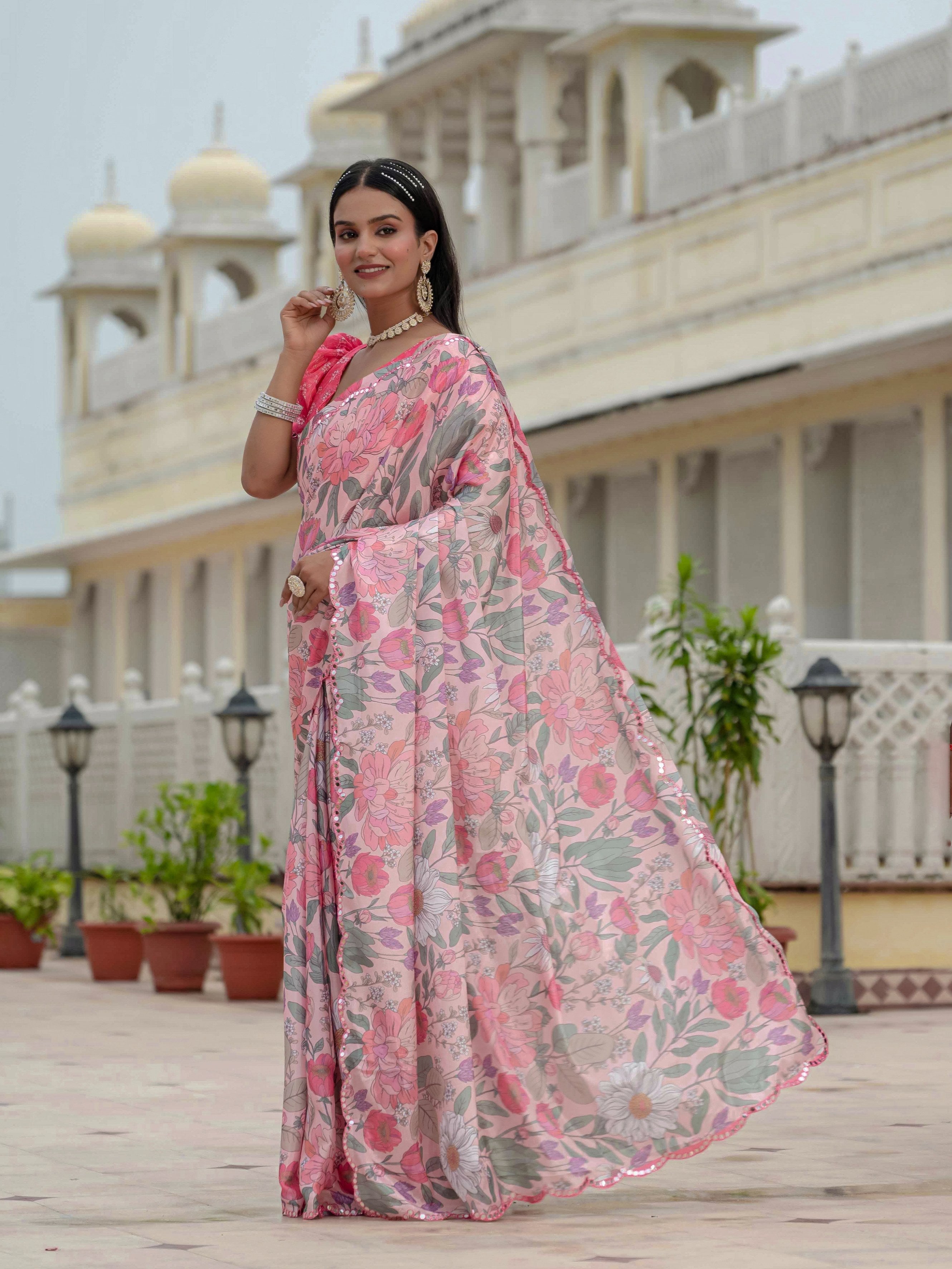 Multicolor Chinon Digital Print Saree with Mirror Work Blouse