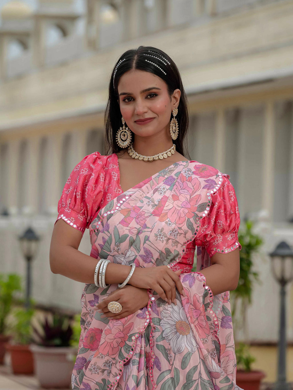 Multicolor Chinon Digital Print Saree with Mirror Work Blouse