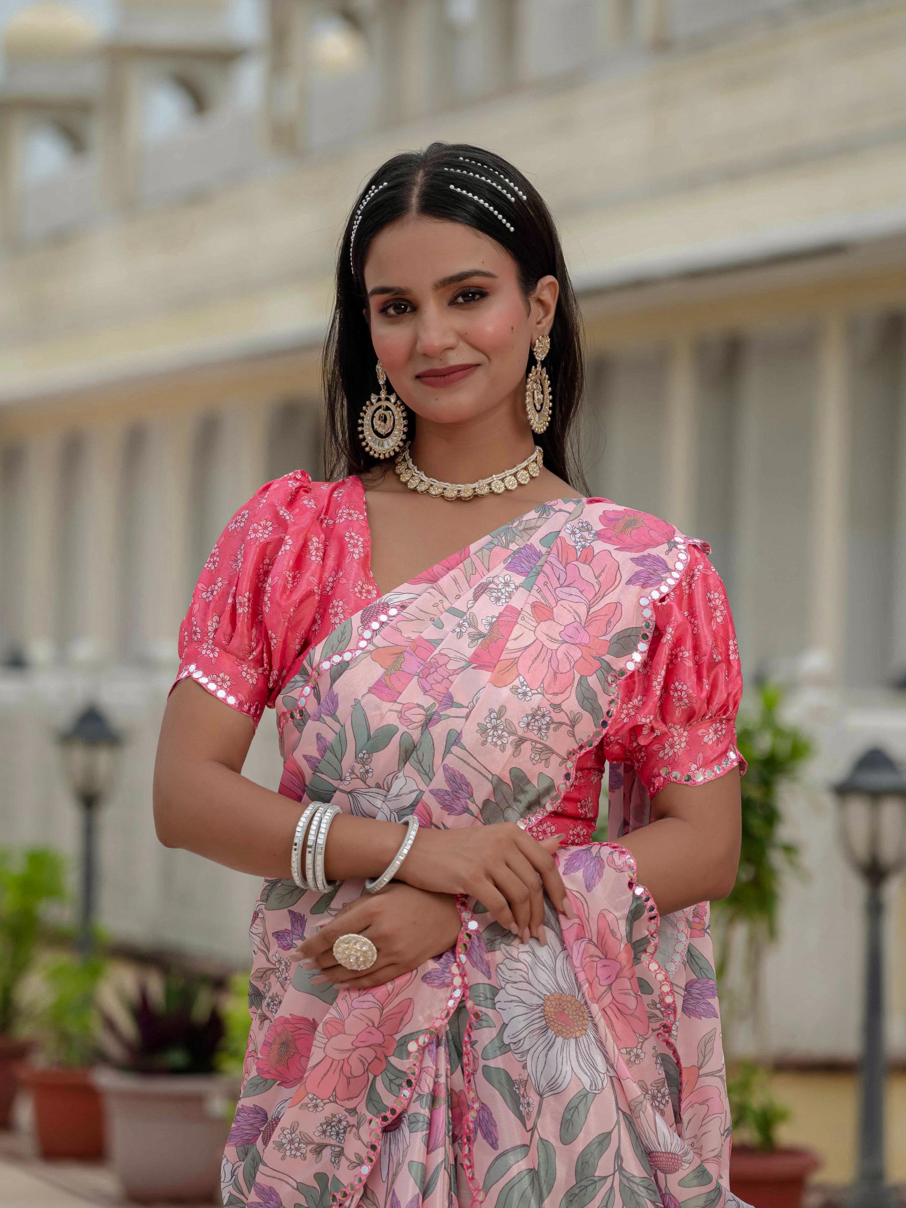 Multicolor Chinon Digital Print Saree with Mirror Work Blouse