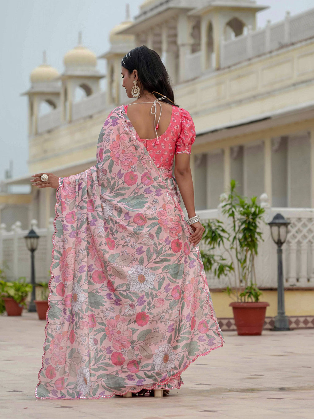 Multicolor Chinon Digital Print Saree with Mirror Work Blouse