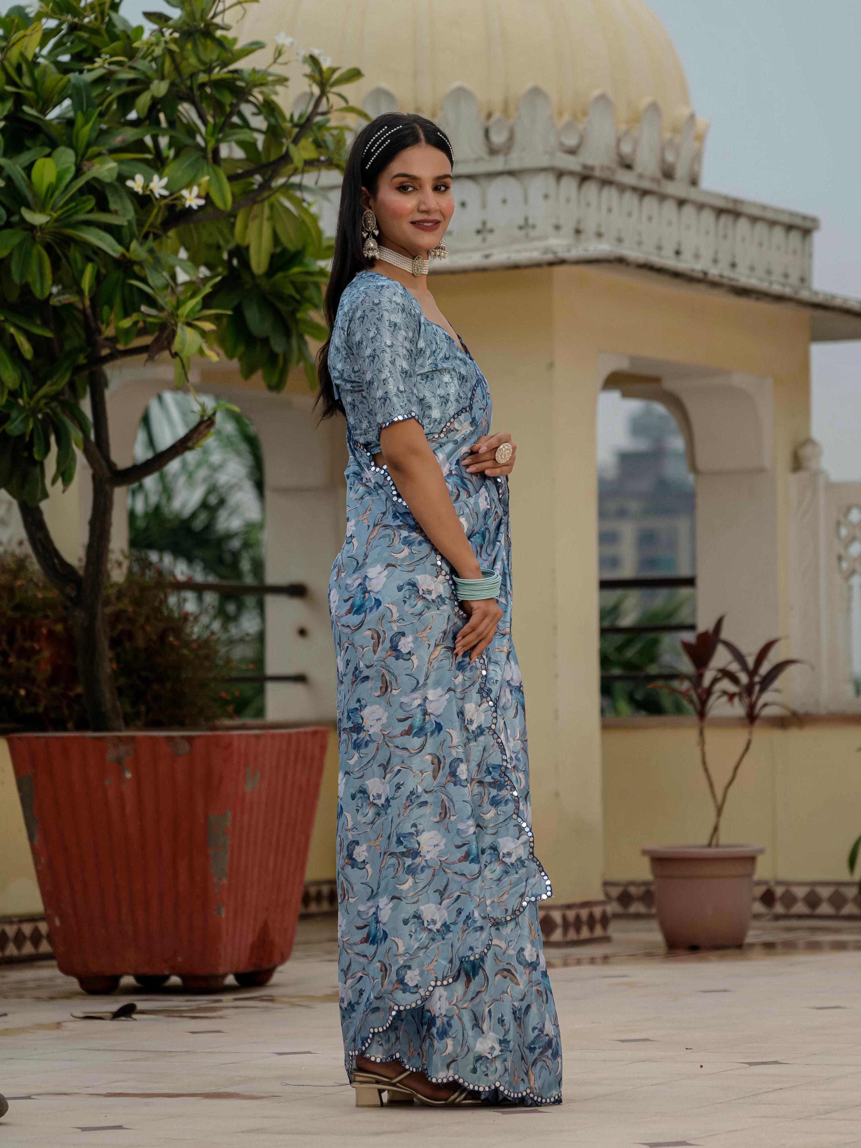Sky Blue Chinon Digital Print Saree with Mirror Work