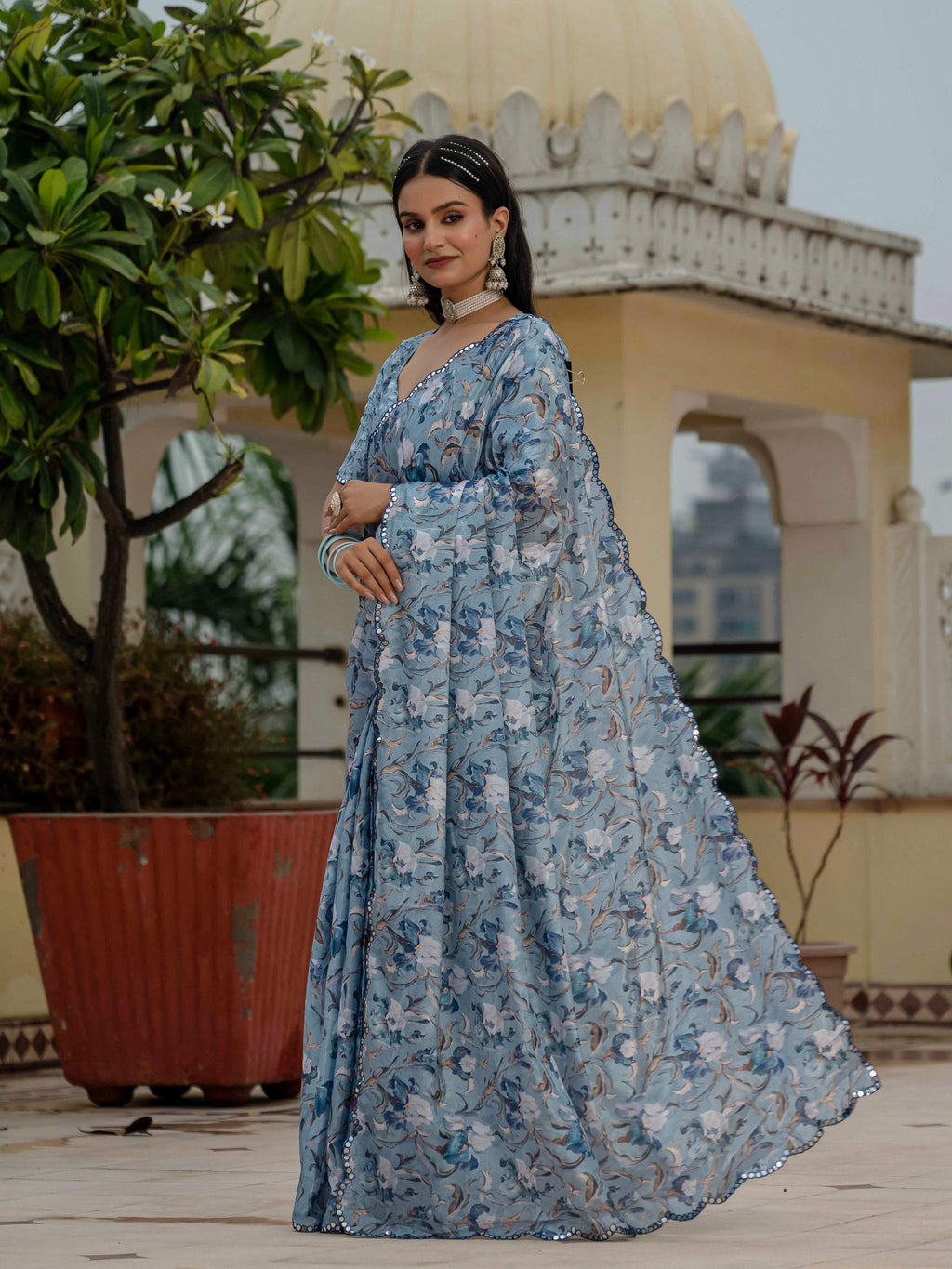 Sky Blue Chinon Digital Print Saree with Mirror Work