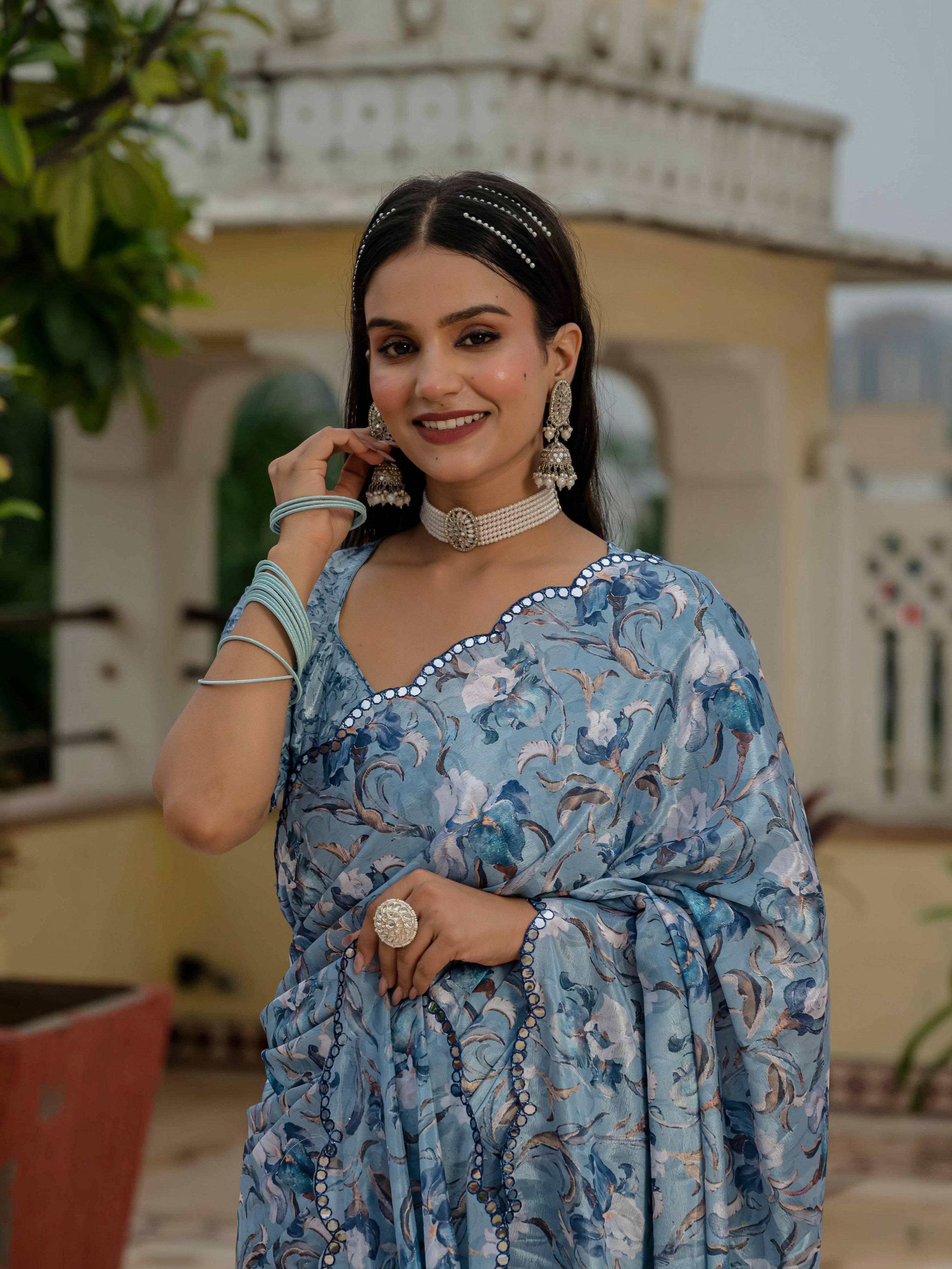 Sky Blue Chinon Digital Print Saree with Mirror Work
