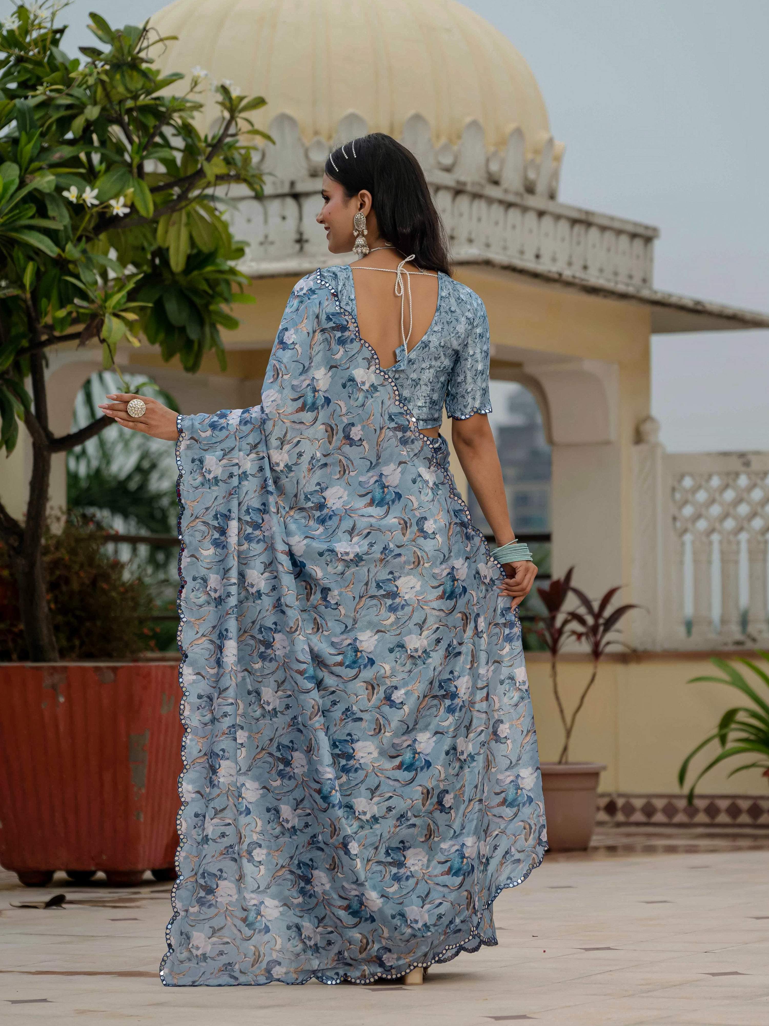 Sky Blue Chinon Digital Print Saree with Mirror Work