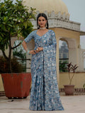 Sky Blue Chinon saree with mirror work and digital print