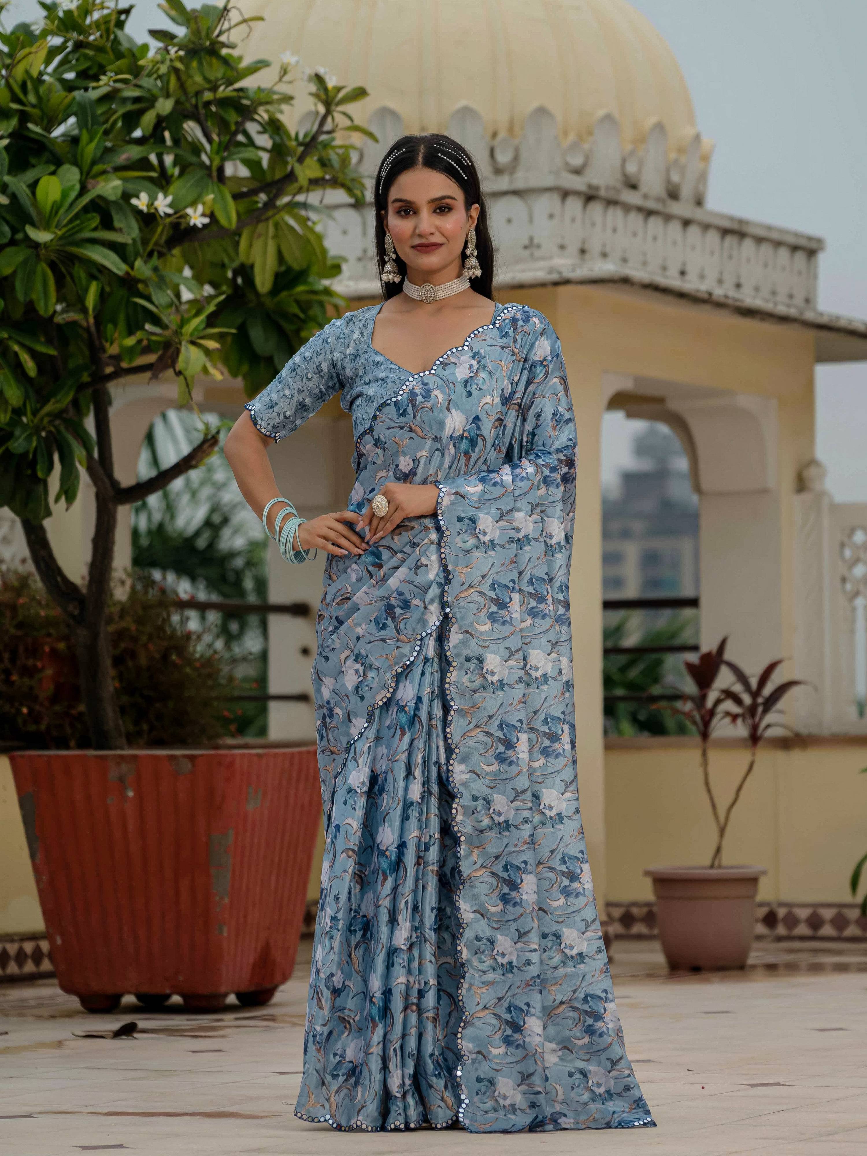 Sky Blue Chinon saree with mirror work and digital print