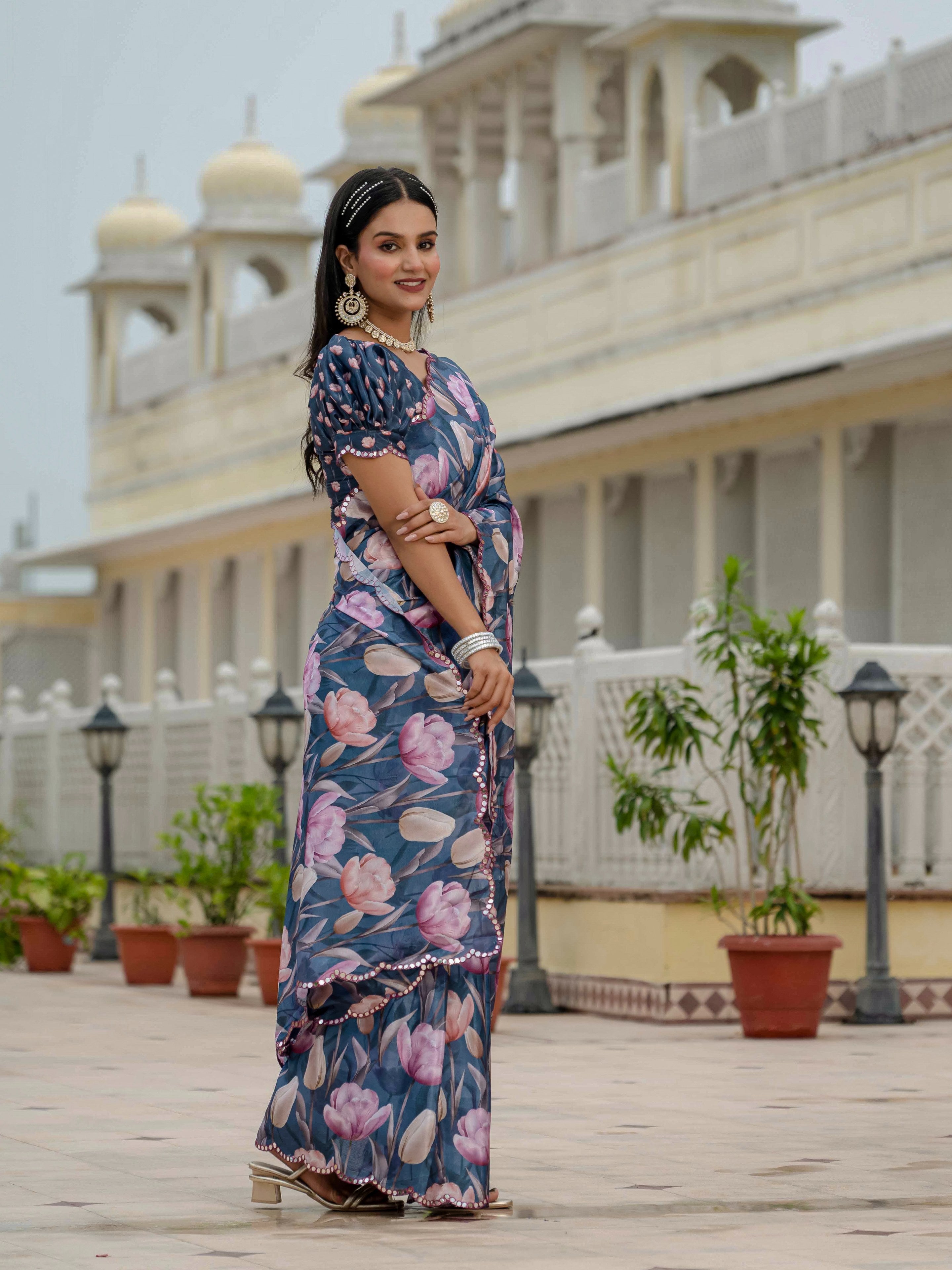 Navy Blue Chinon Saree with Digital Print and Mirror Work