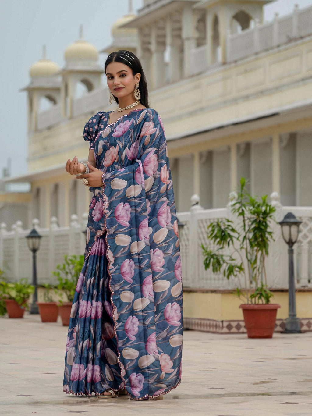 Navy Blue Chinon Saree with Digital Print and Mirror Work