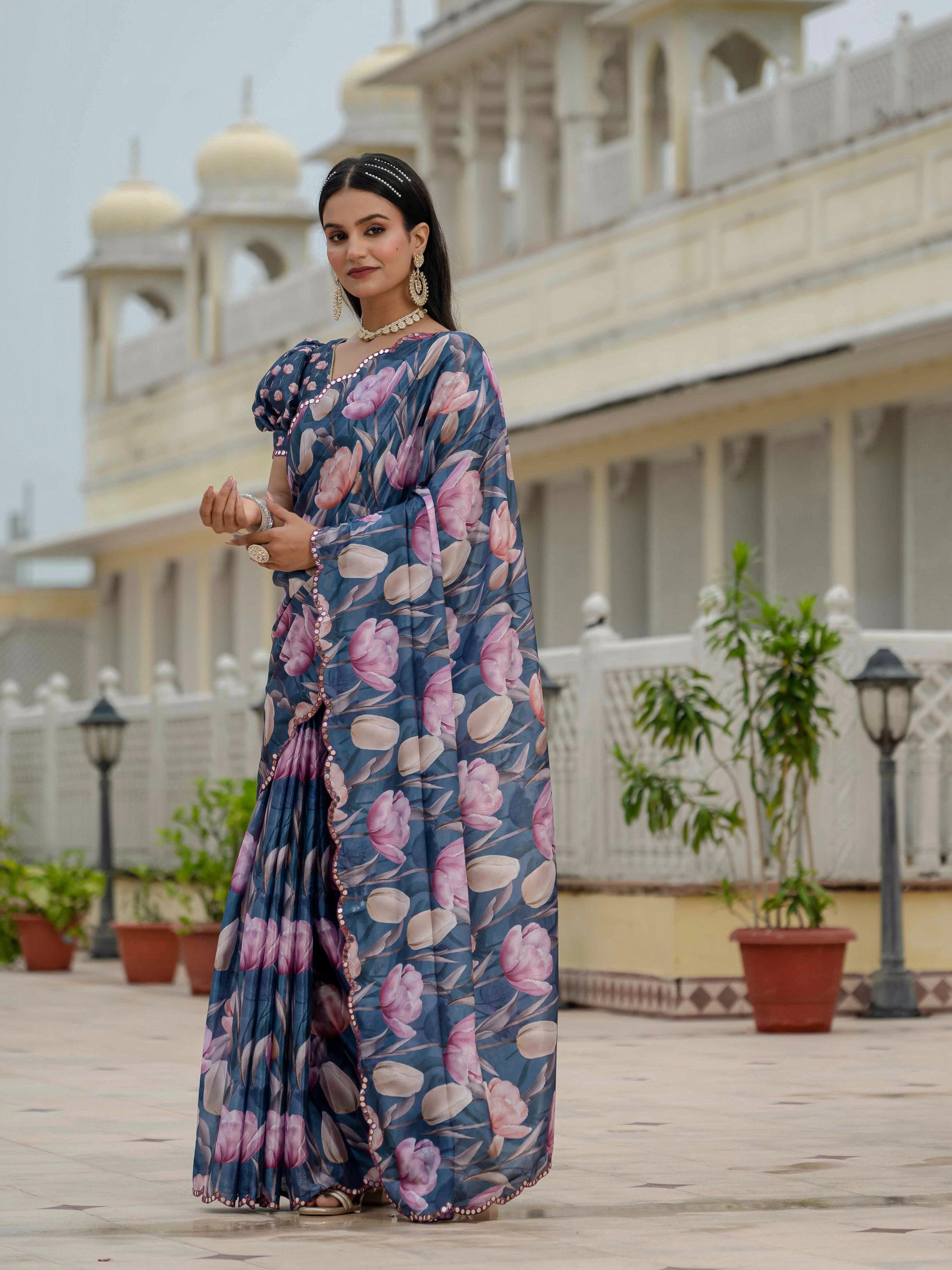 Navy Blue Chinon Saree with Digital Print and Mirror Work