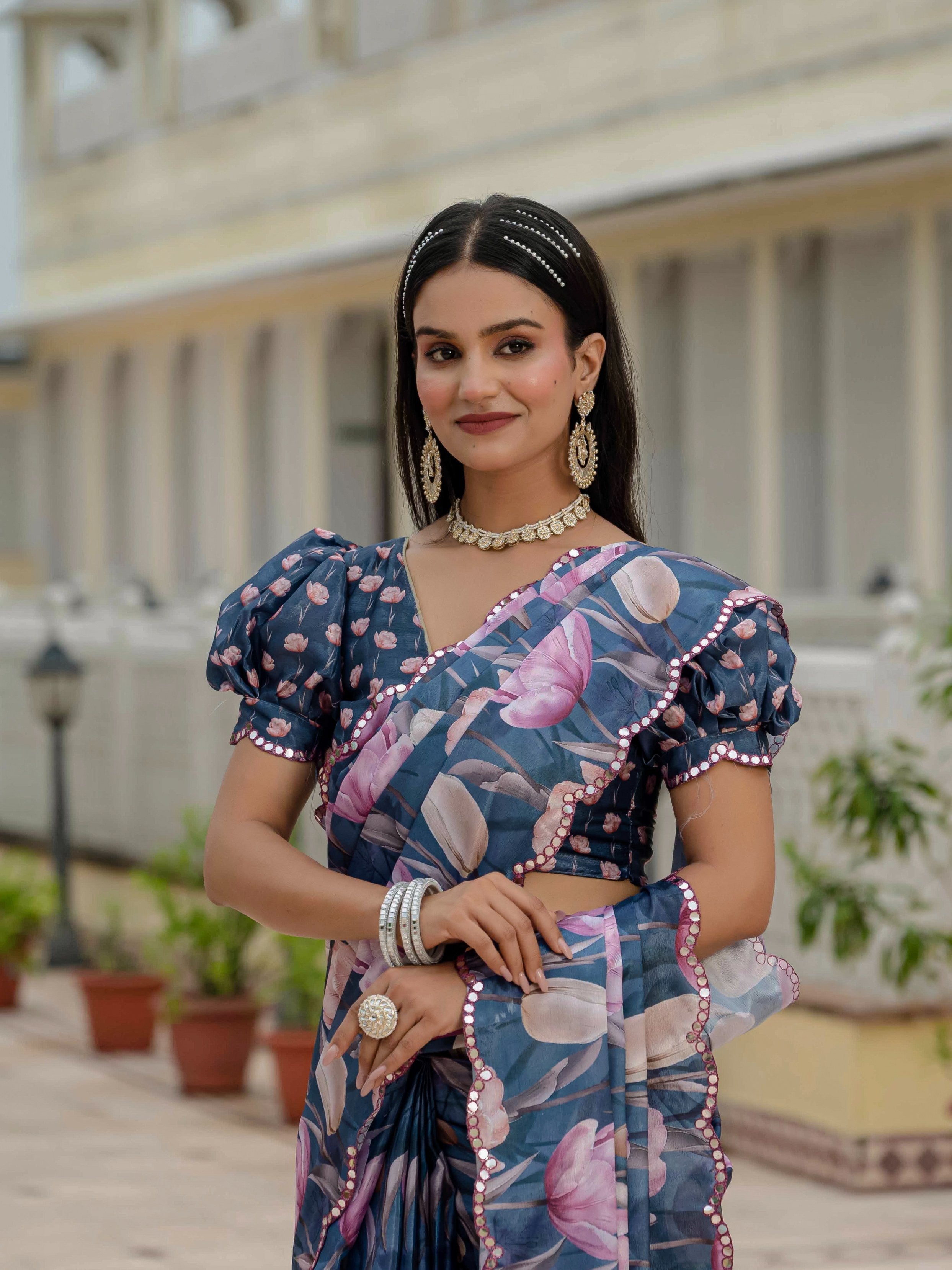 Navy Blue Chinon Saree with Digital Print and Mirror Work