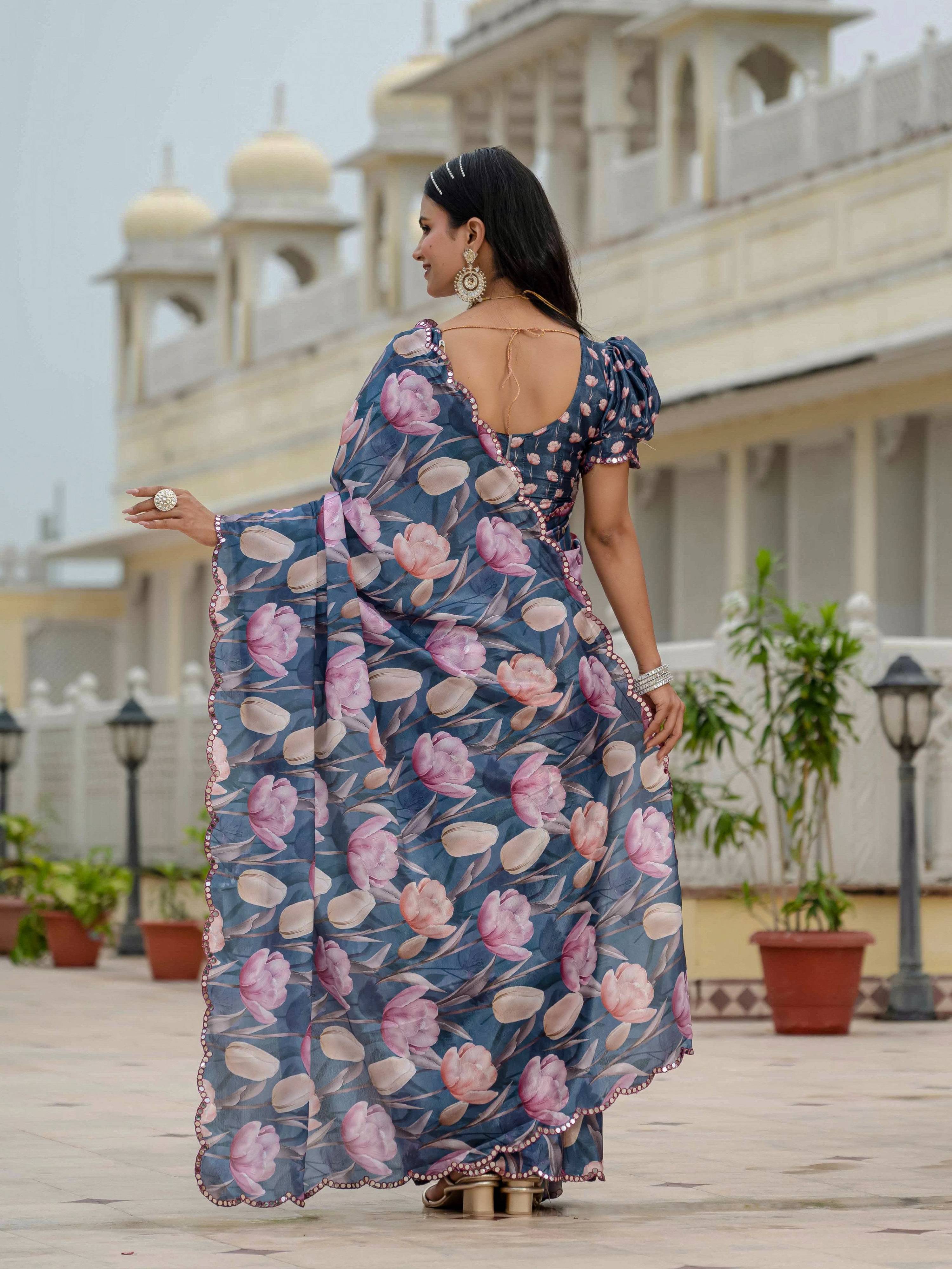 Navy Blue Chinon Saree with Digital Print and Mirror Work