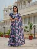 Navy Blue Chinon saree with digital print and mirror work details paired with an unstitched blouse piece