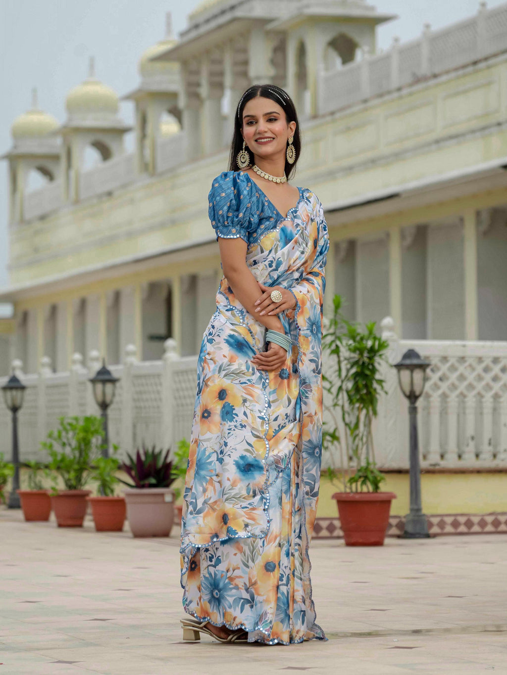 Multicolor Chinon Digital Print Saree with Mirror Work