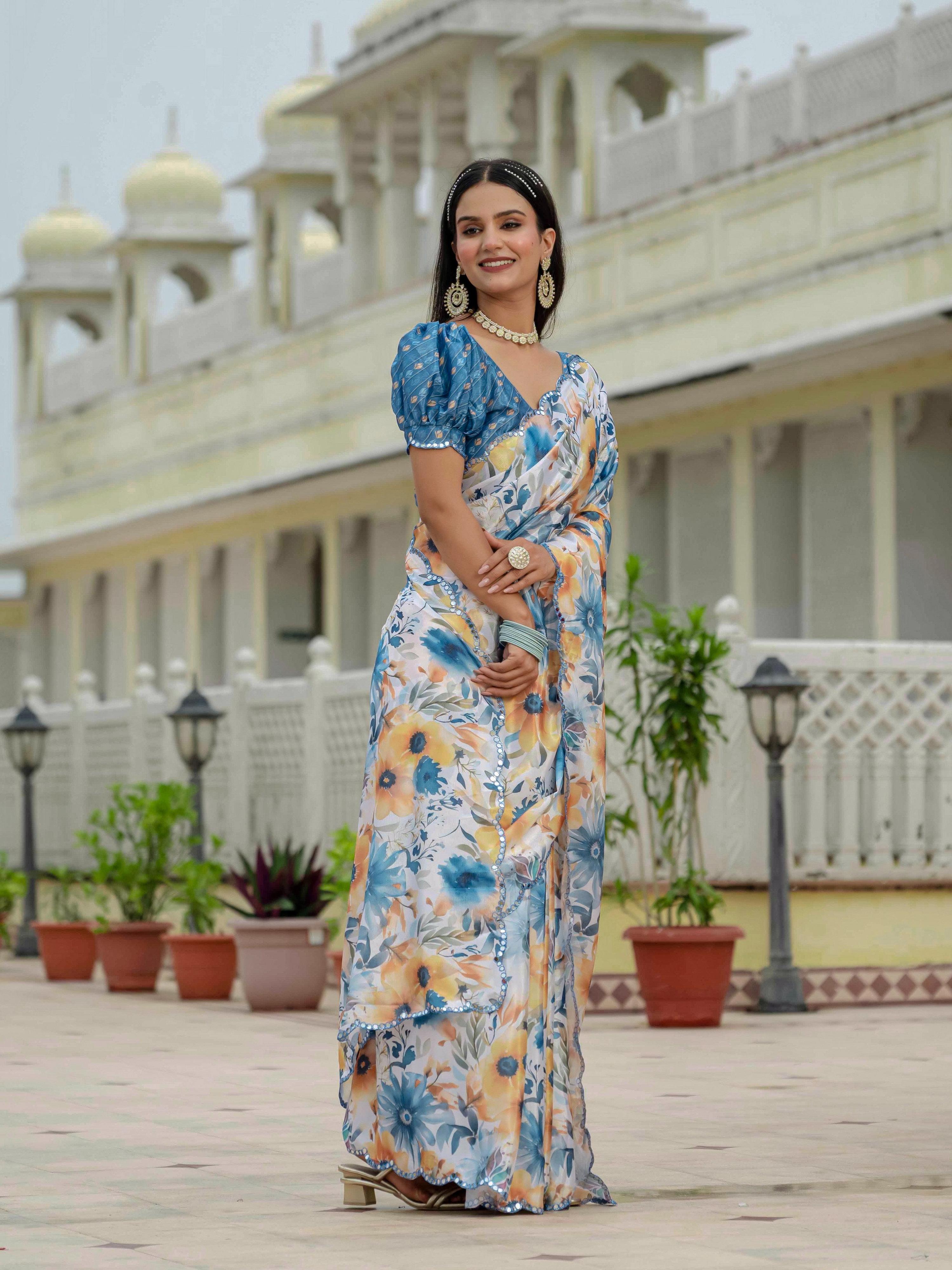 Multicolor Chinon Digital Print Saree with Mirror Work