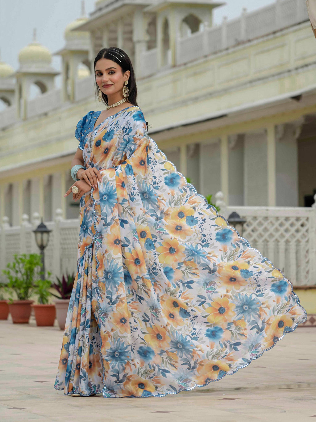 Multicolor Chinon Digital Print Saree with Mirror Work