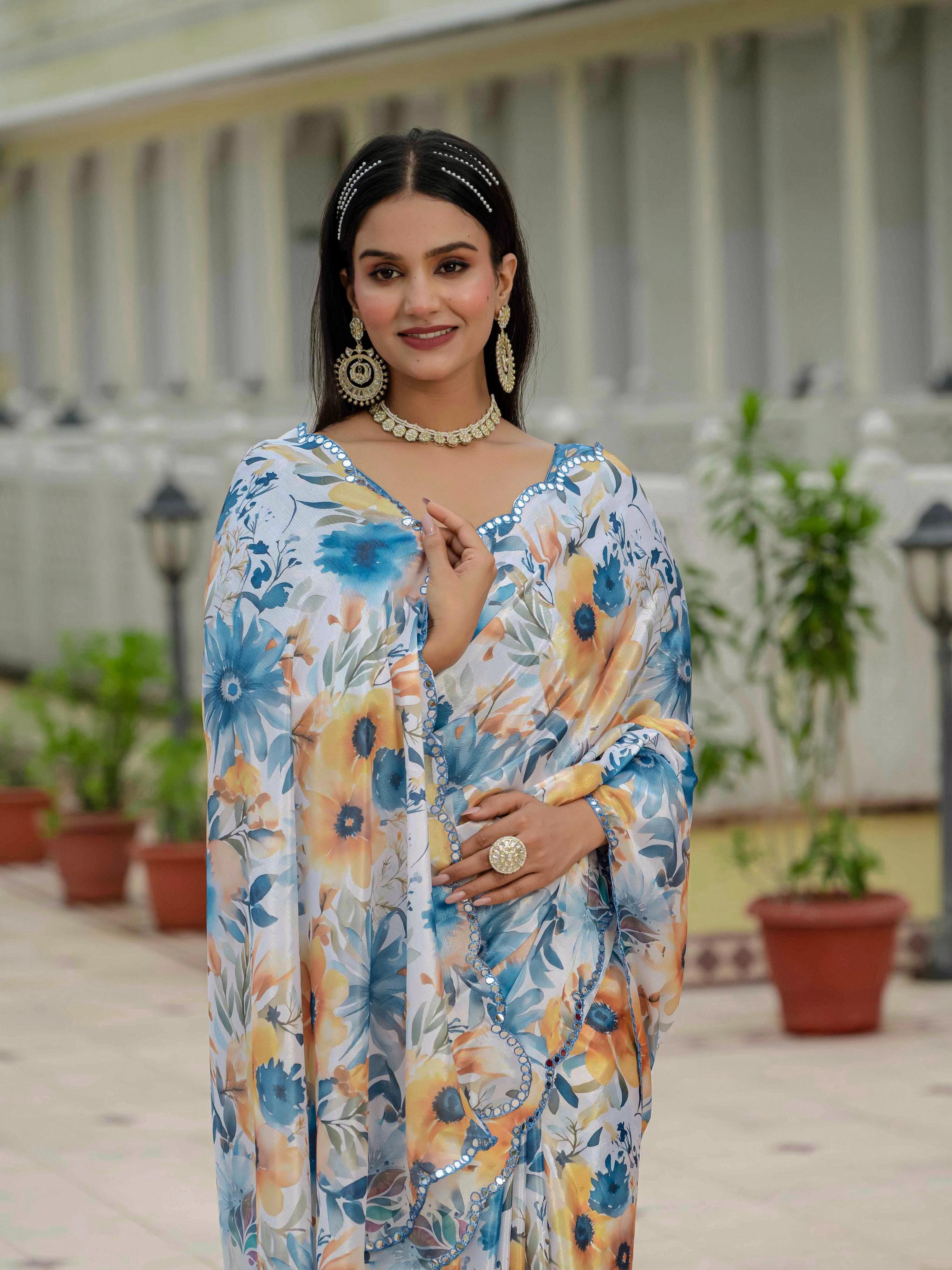 Multicolor Chinon Digital Print Saree with Mirror Work