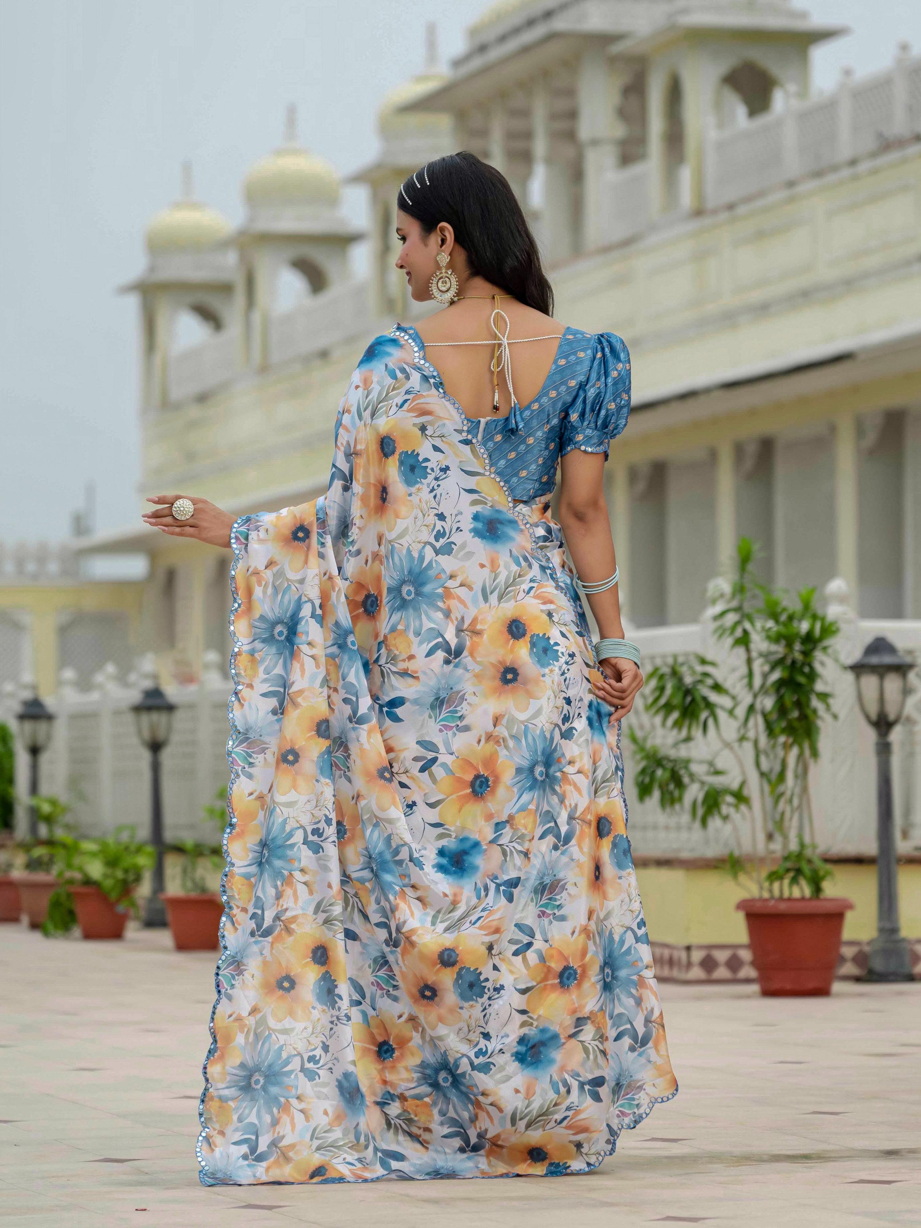 Multicolor Chinon Digital Print Saree with Mirror Work
