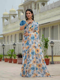 Multicolor Chinon saree featuring digital prints and mirror work detail.