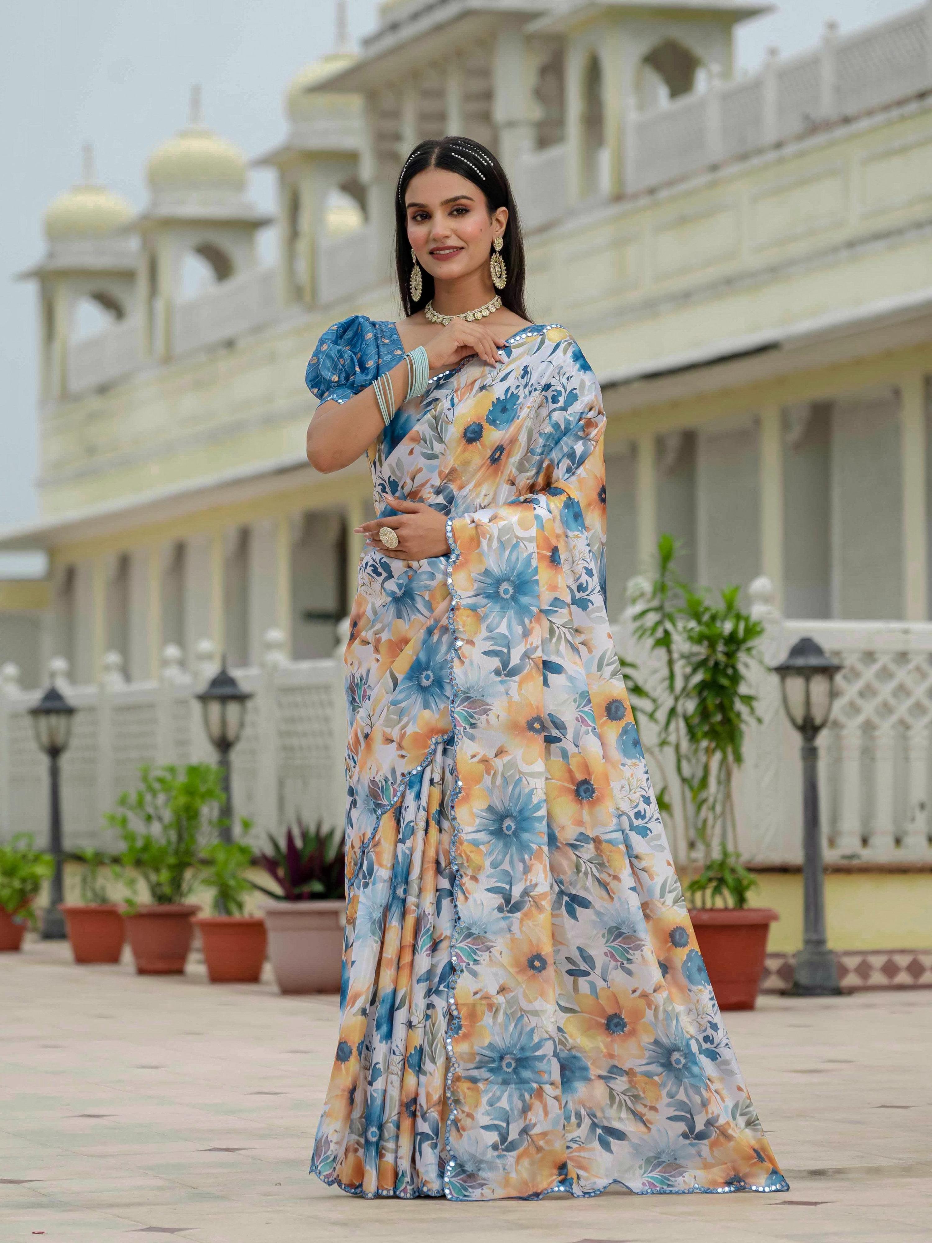 Multicolor Chinon saree featuring digital prints and mirror work detail.