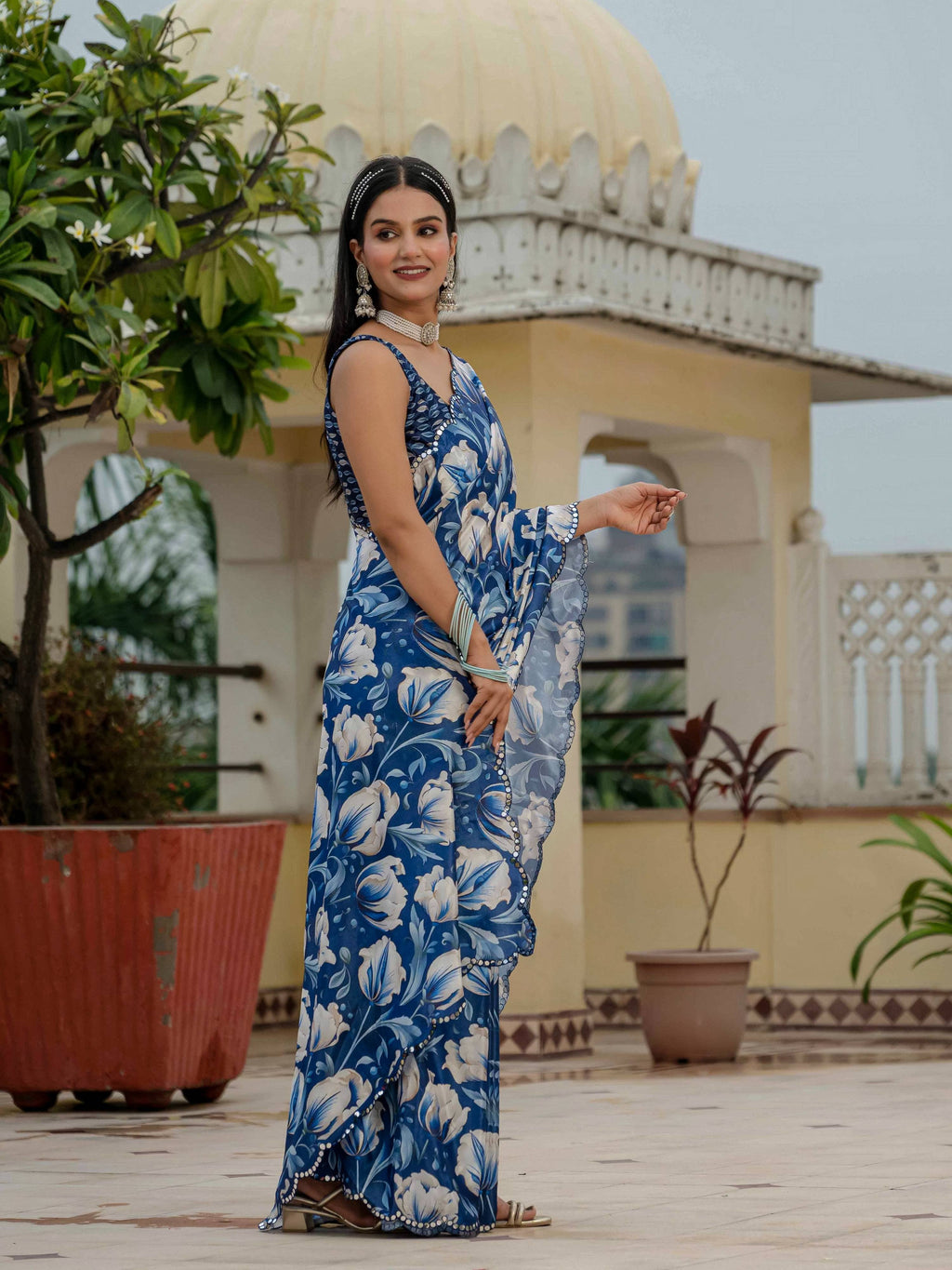Royal Blue Chinon Digital Print Saree with Mirror Work