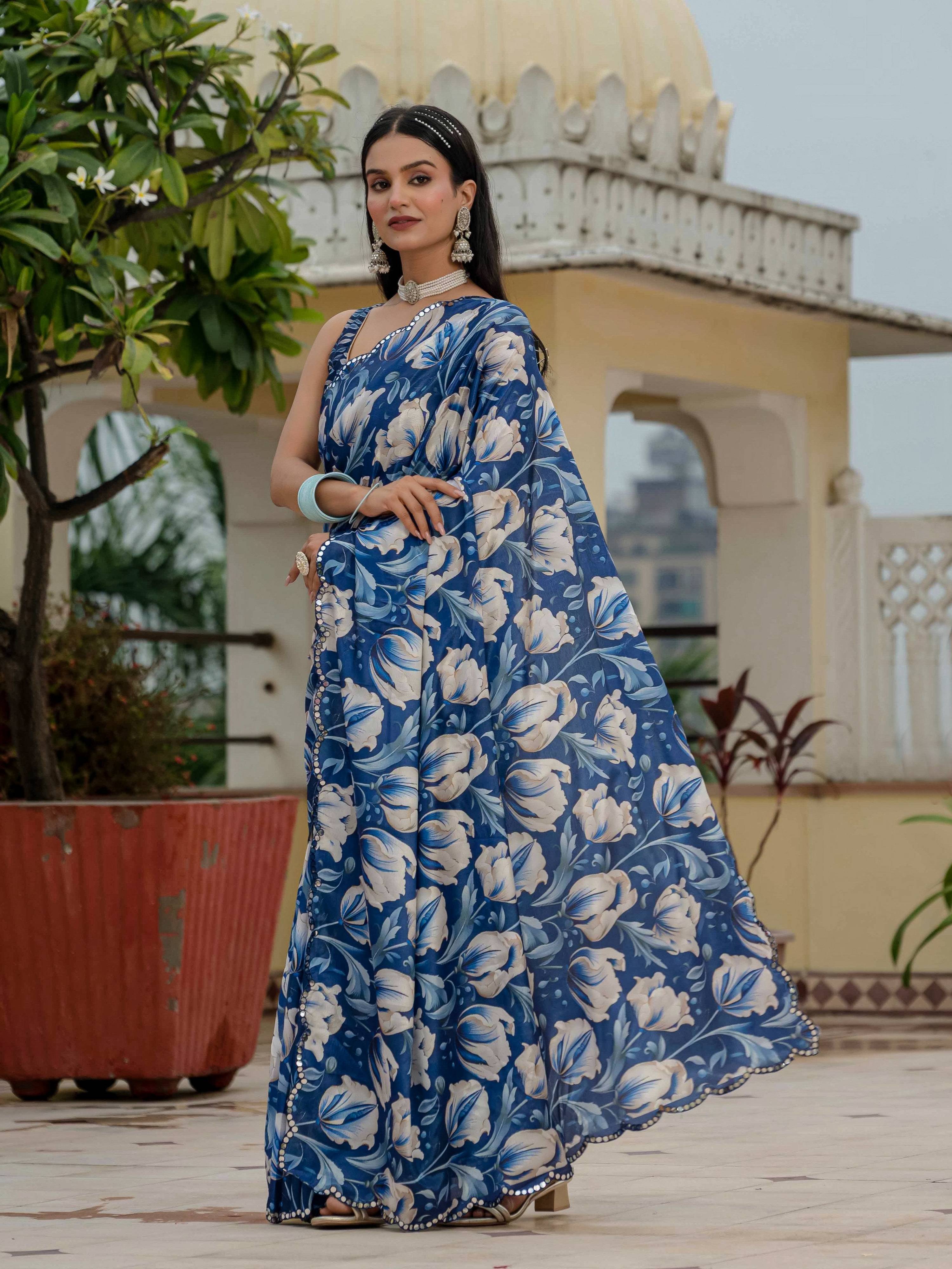 Royal Blue Chinon Digital Print Saree with Mirror Work