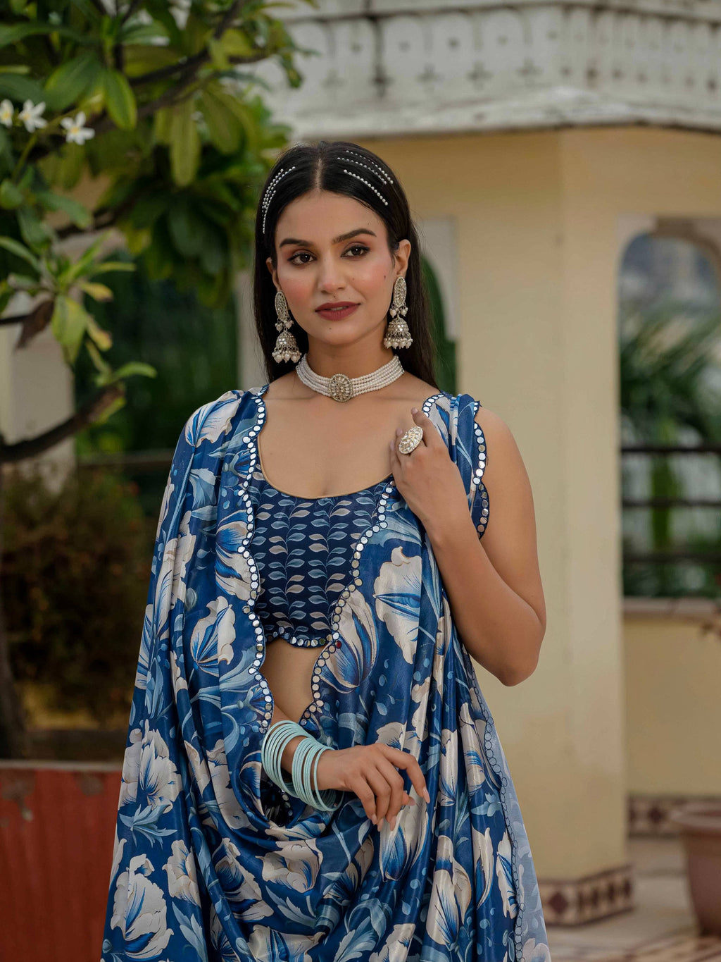 Royal Blue Chinon Digital Print Saree with Mirror Work